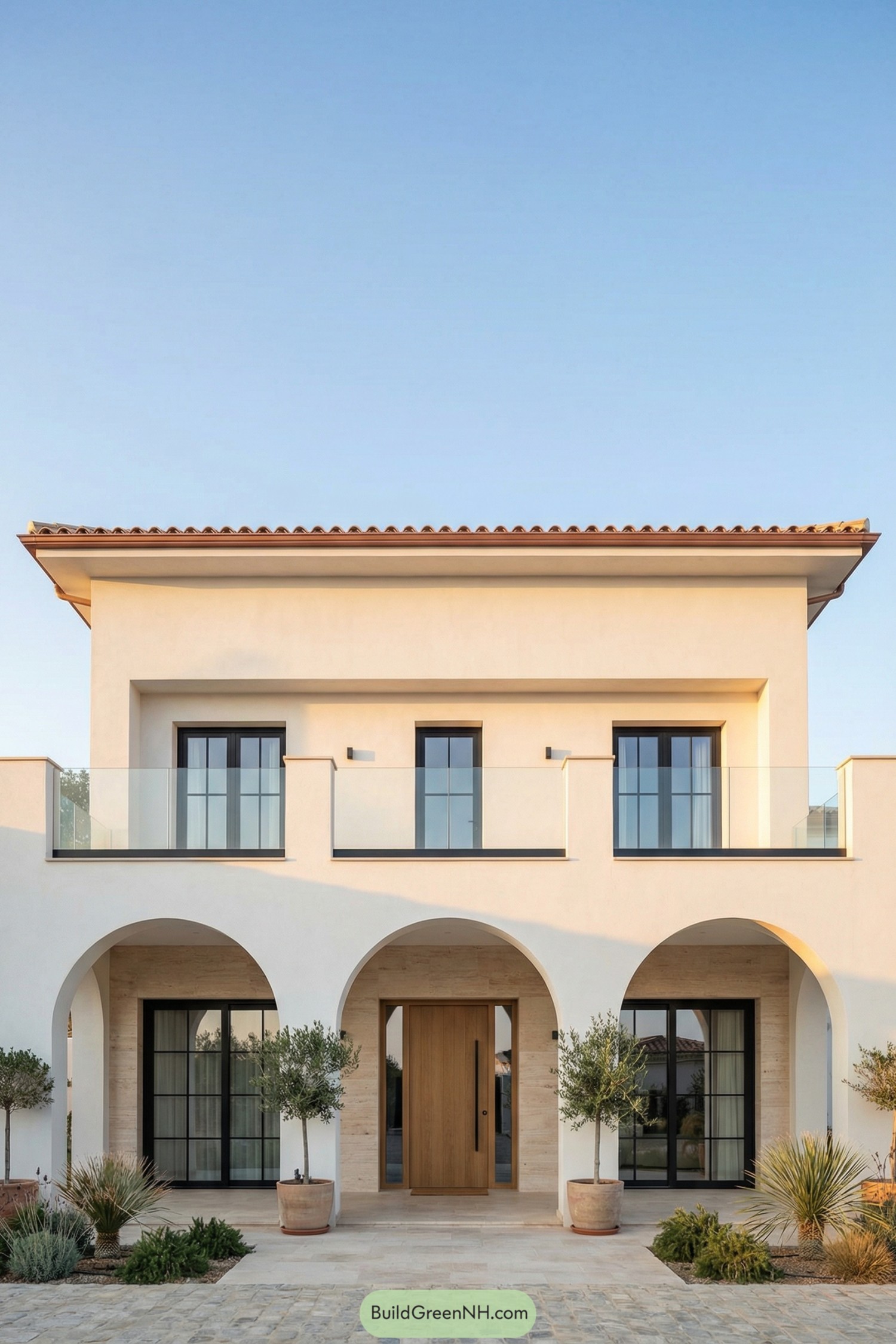 Two story stucco Mediterranean house with arches and glass balcony above a stone paved courtyard