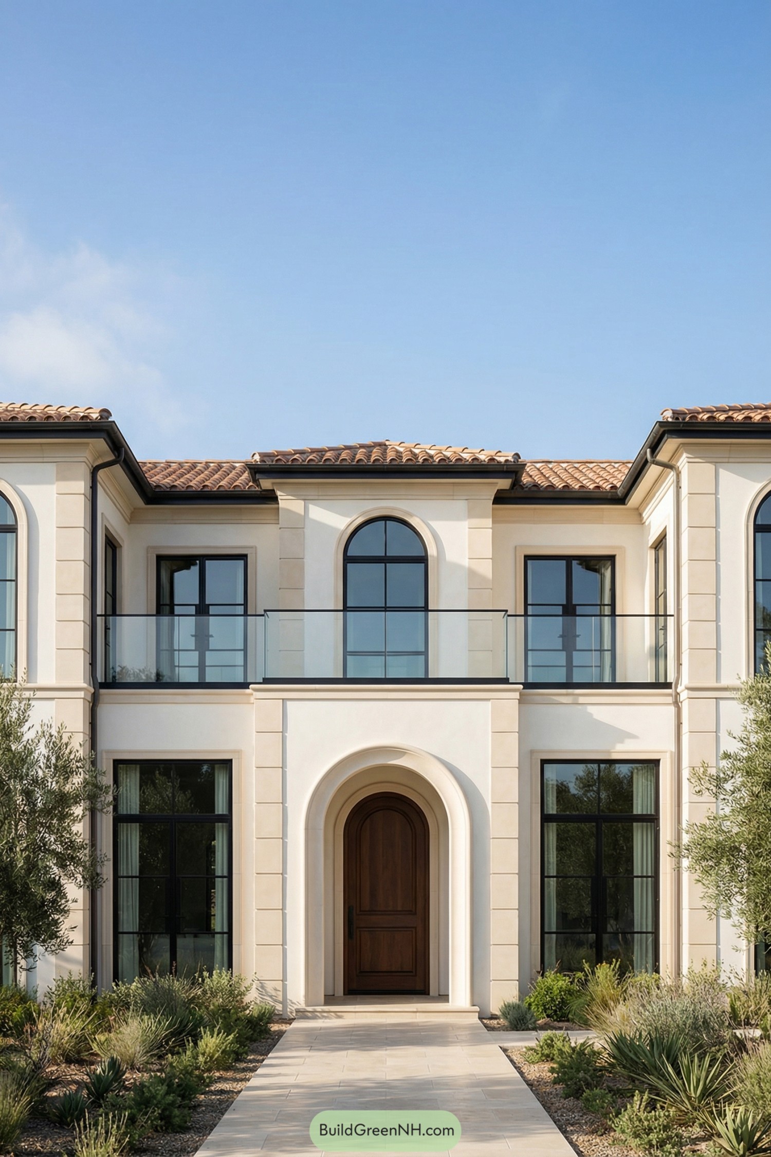 Two story Mediterranean style home with arched entry, large black framed windows, glass balcony railings and desert inspired landscaping