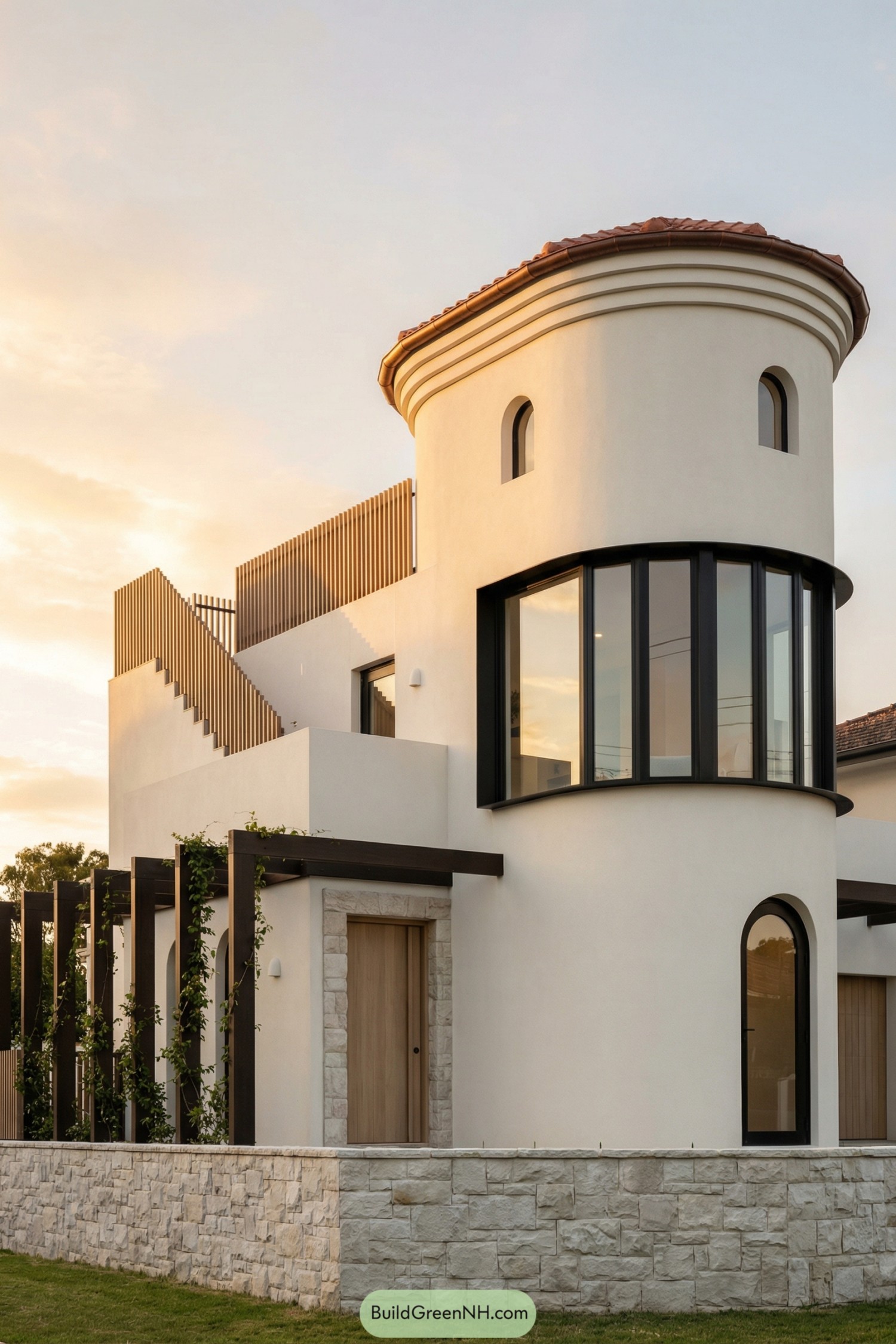 Creamy stucco Mediterranean home with rounded tower and large black framed windows at sunset