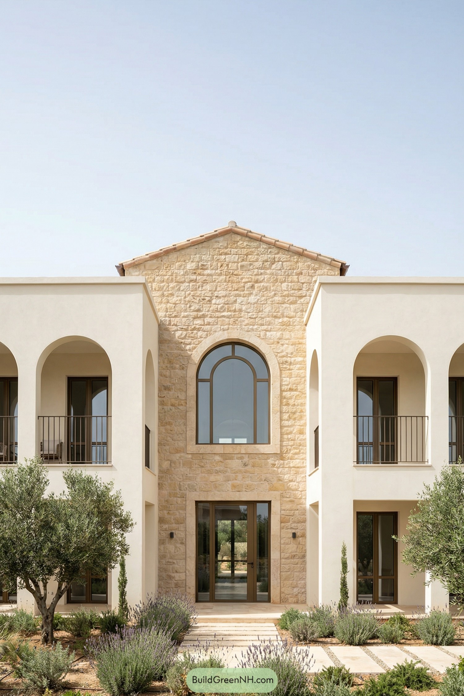 Mediterranean villa with arched balconies and stone central facade