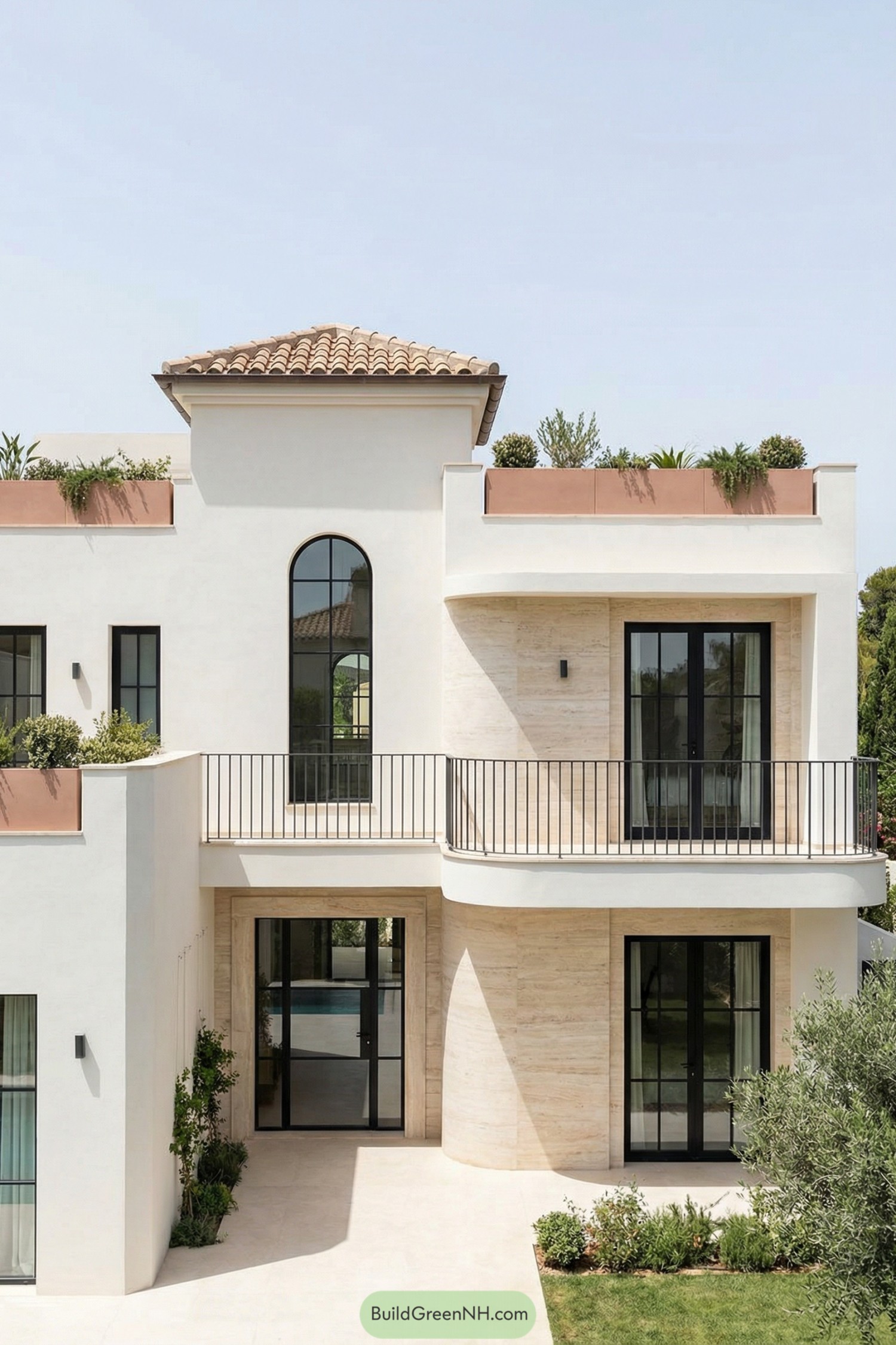 Creamy stucco Mediterranean home with arched windows, iron rail balconies, and rooftop planters
