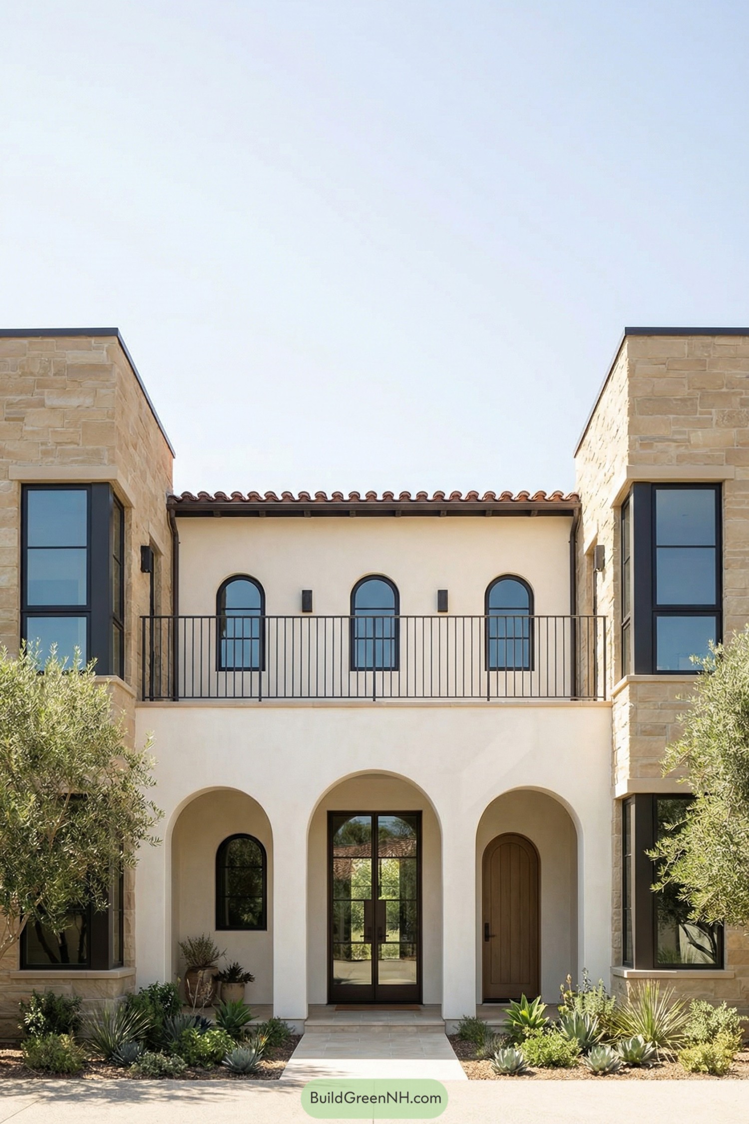 Two story Mediterranean style house with arched entry, central balcony, and flanking stone clad wings