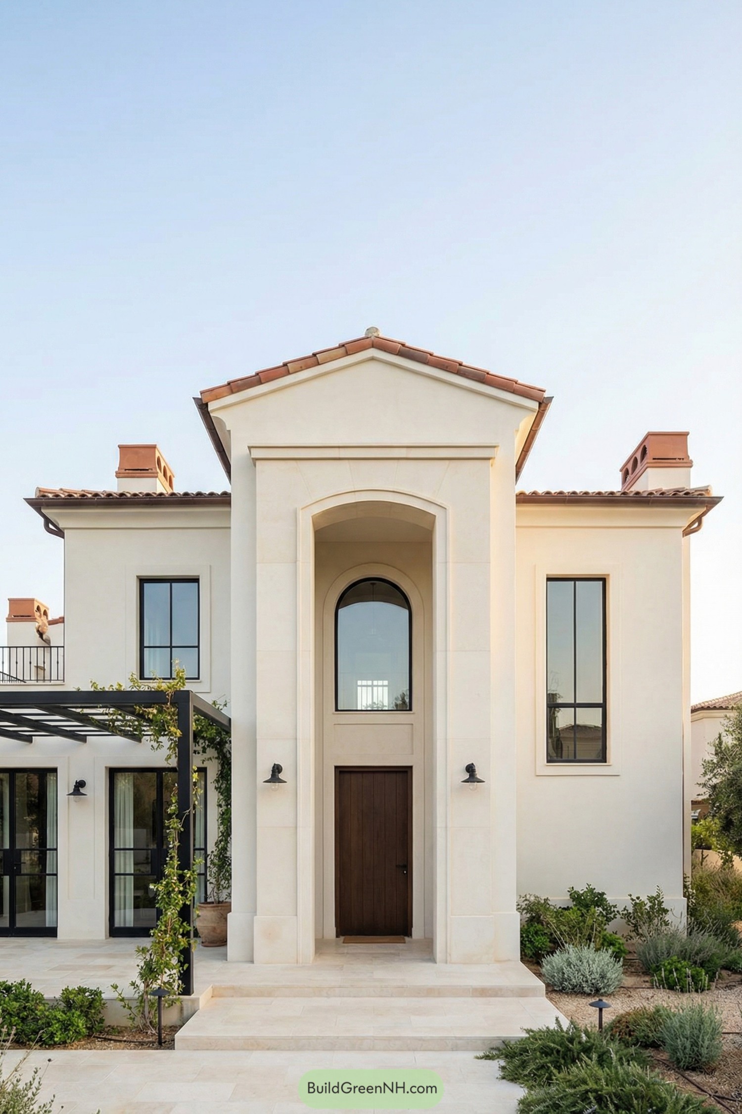 Cream stucco Mediterranean house with tall central arched entry, dark-framed windows, and a low water garden in front