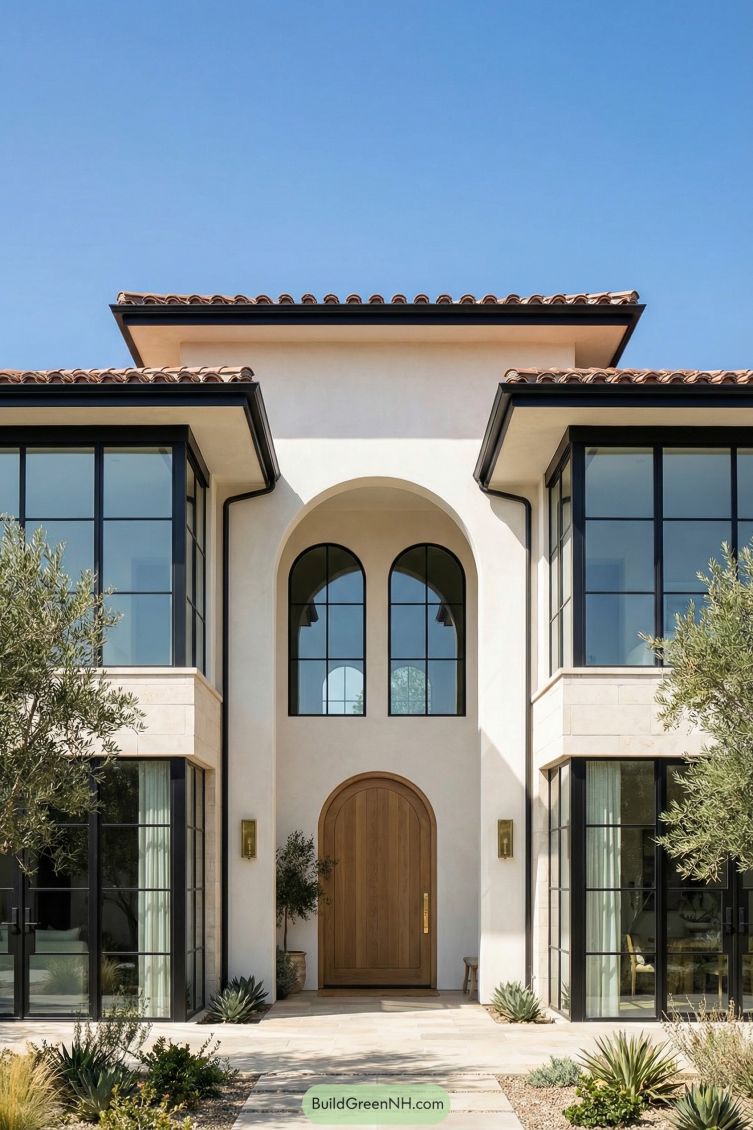 Modern Mediterranean home with tall central arch, warm wood door, and large black framed windows