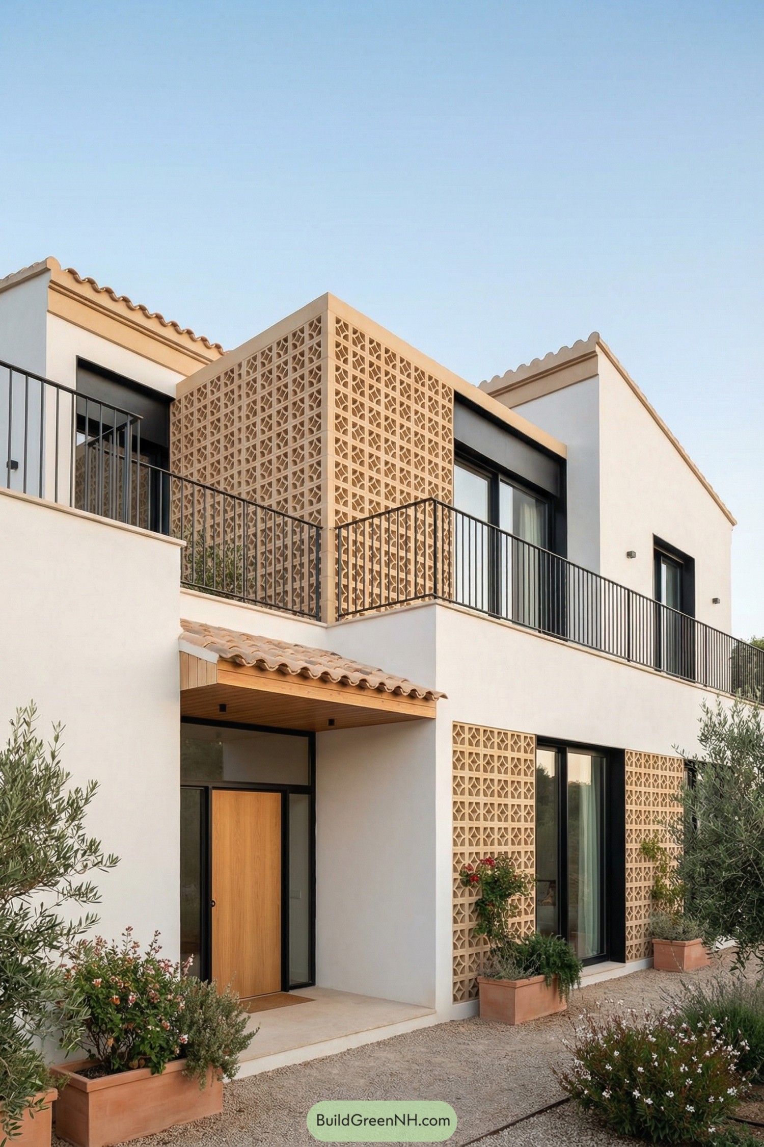 White two story Mediterranean home with patterned terracotta screens, black railings, and a warm wood entry door surrounded by low garden plantings