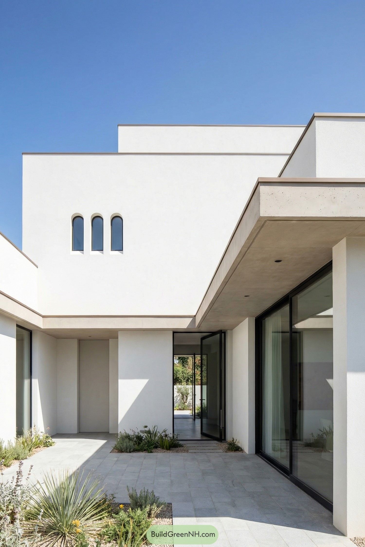 White stucco Mediterranean courtyard home with slim arched windows and large glass doors