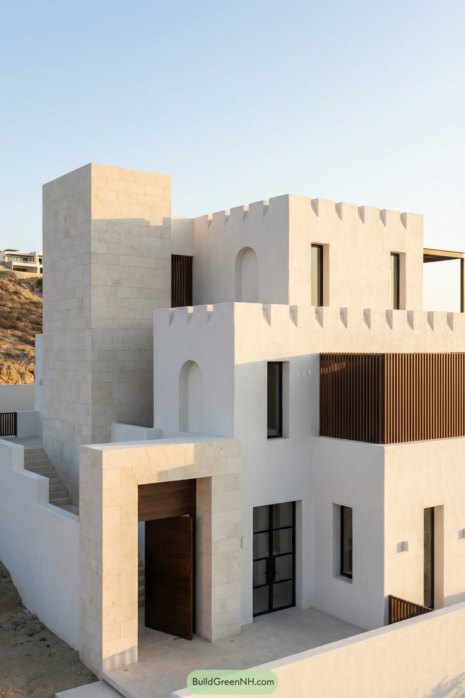 White stucco Mediterranean villa with tower and deep wood accents