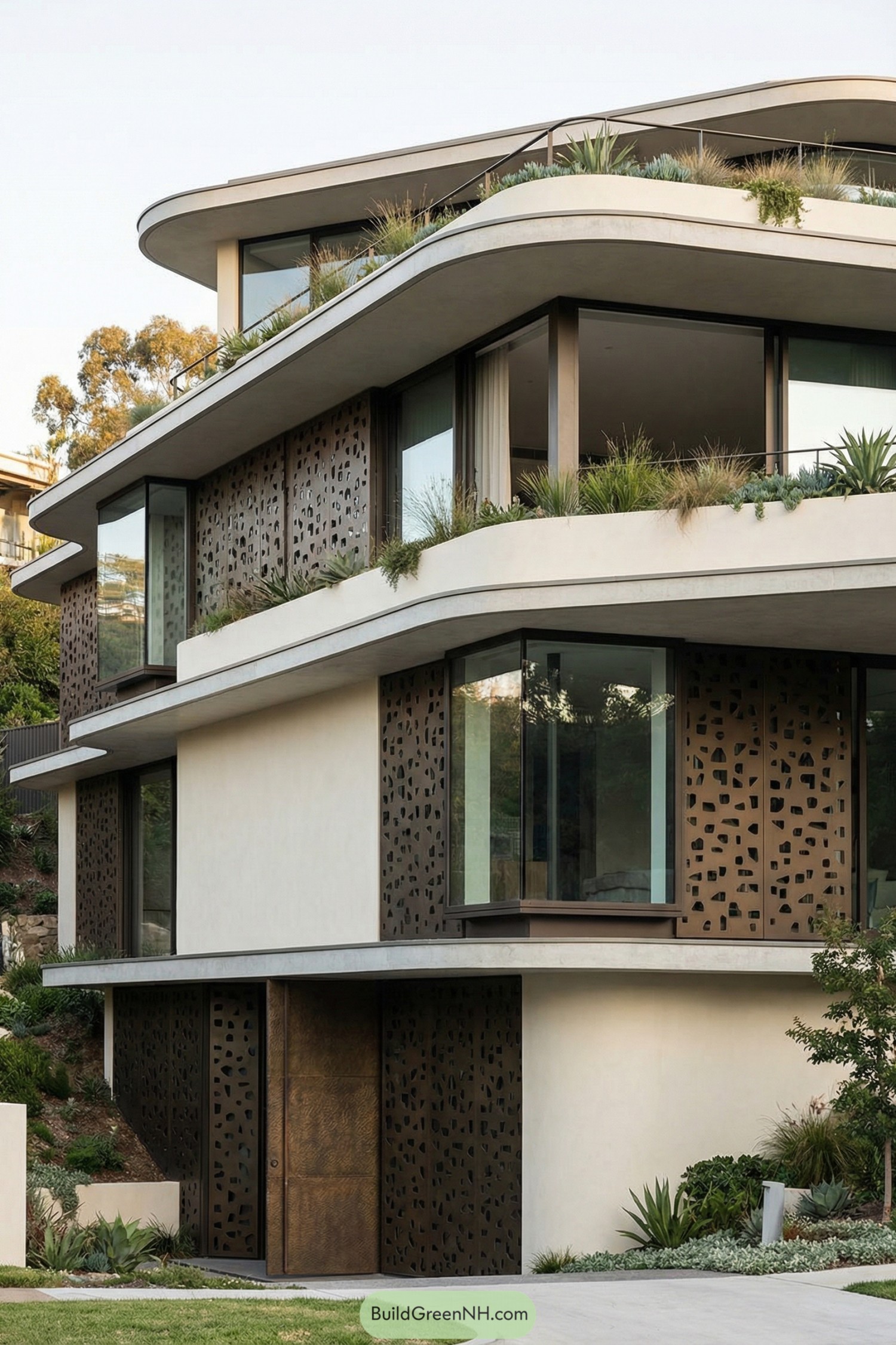 Multi level organic home with curving terraces and lush planted roofs