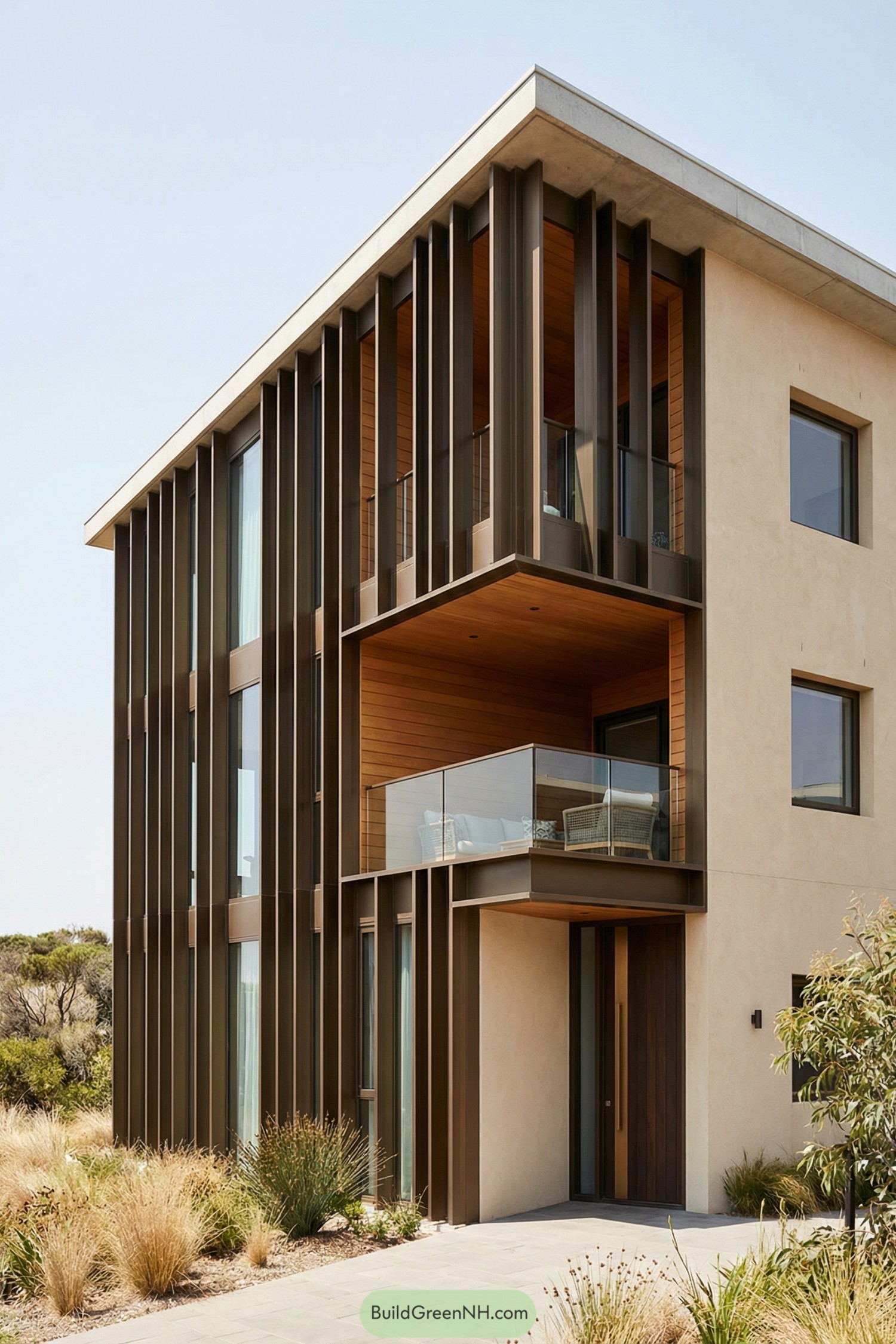 Modern three story house with tall bronze fins and glass balcony facing a natural landscape
