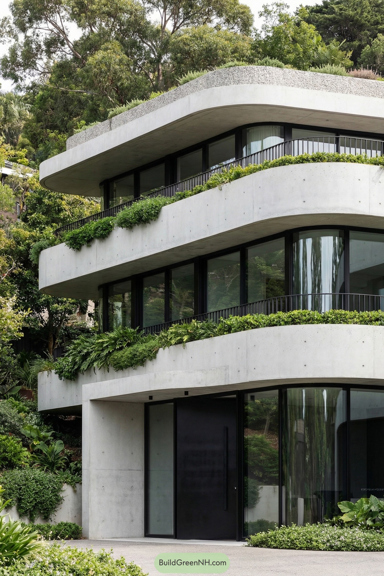 Concrete terrace house with curved balconies layered in greenery on a wooded slope