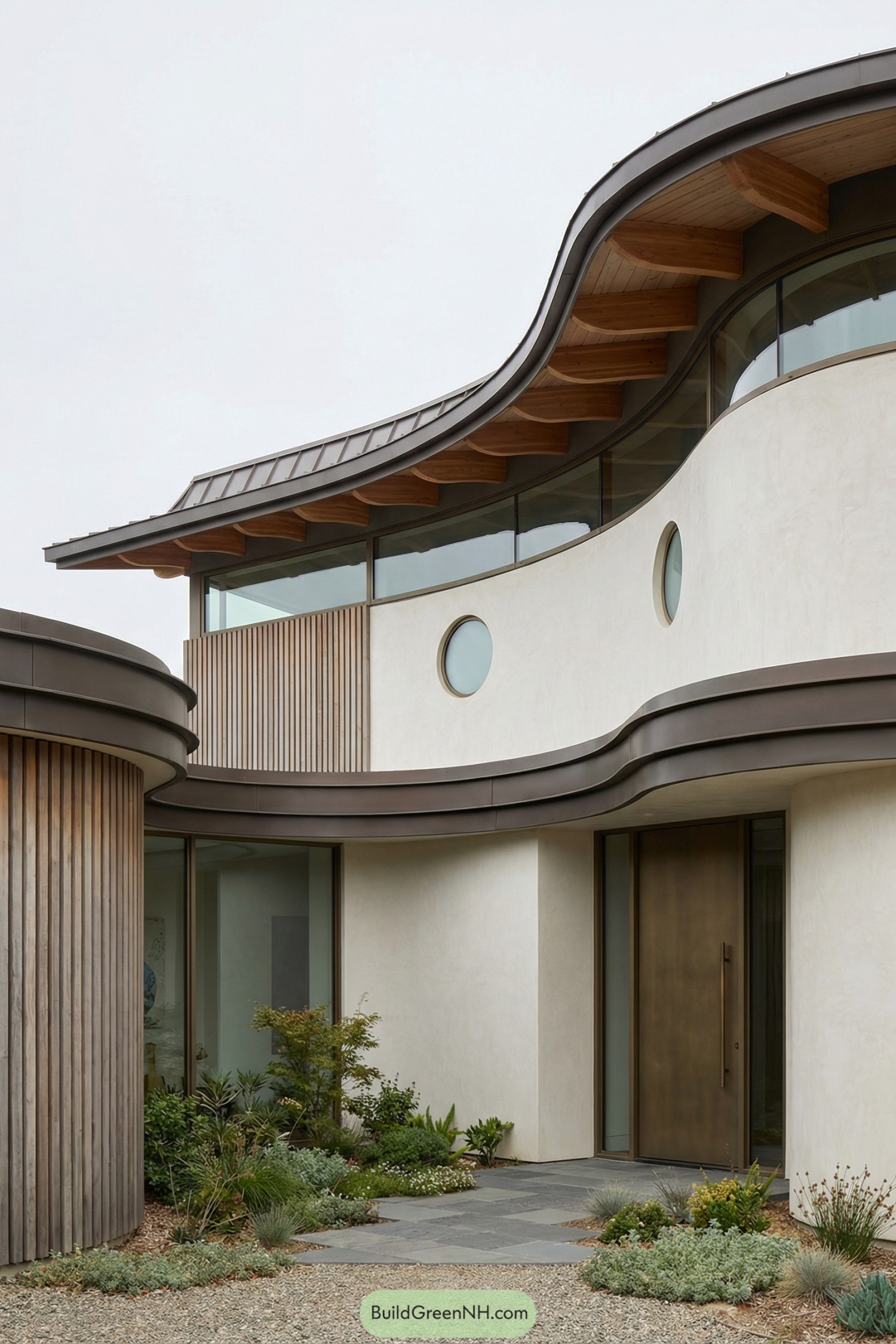 Curving two story house with wave like rooflines and natural landscaping