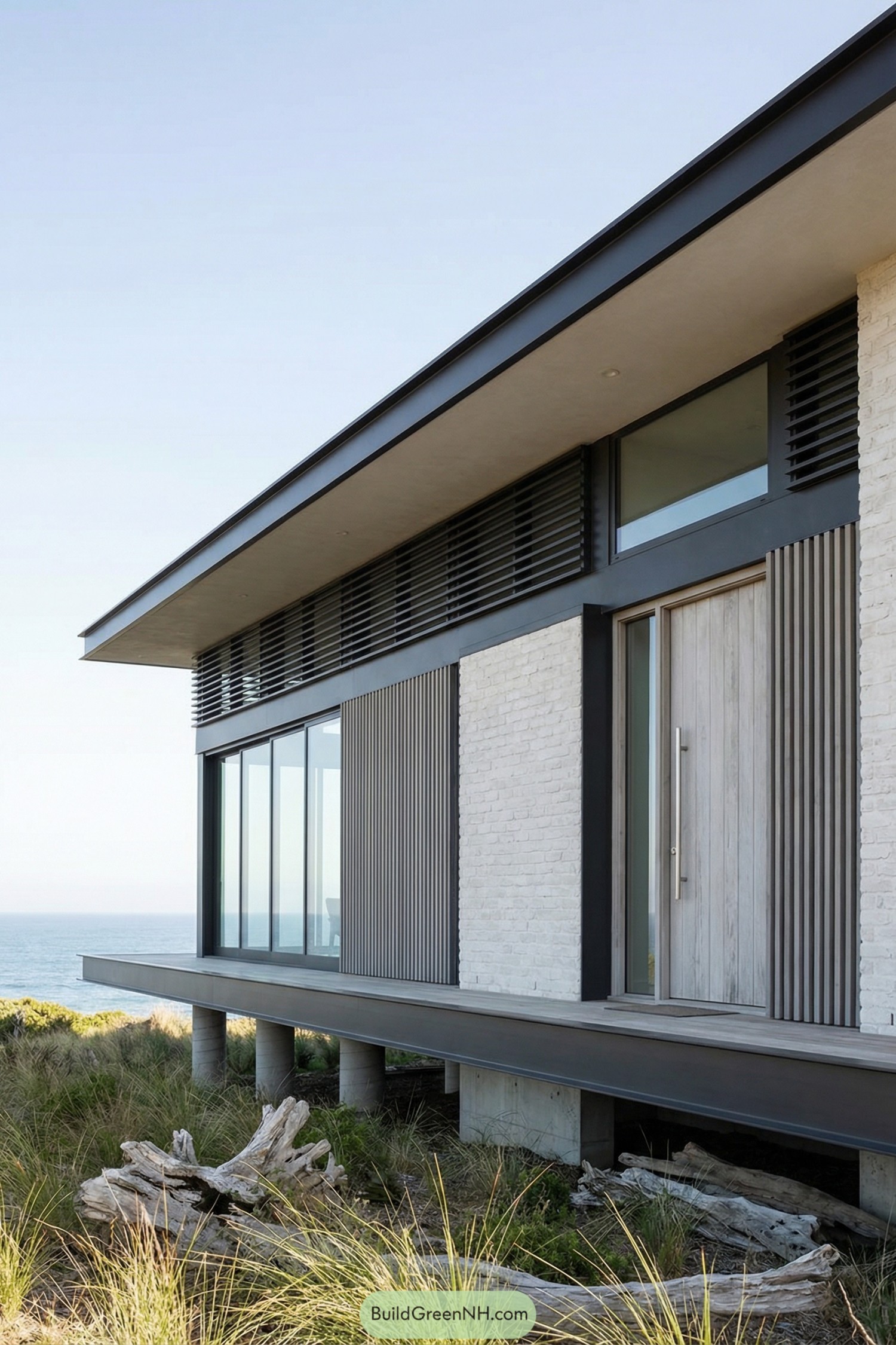 Modern elevated coastal home with glass walls