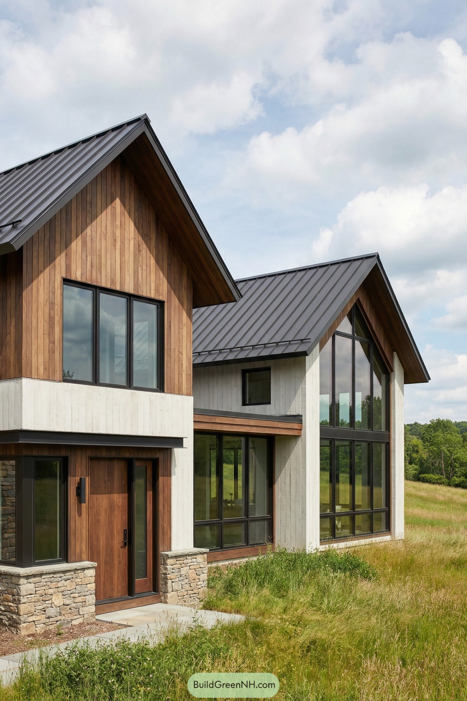 Modern gabled house with wood, stone, and tall windows in a grassy meadow