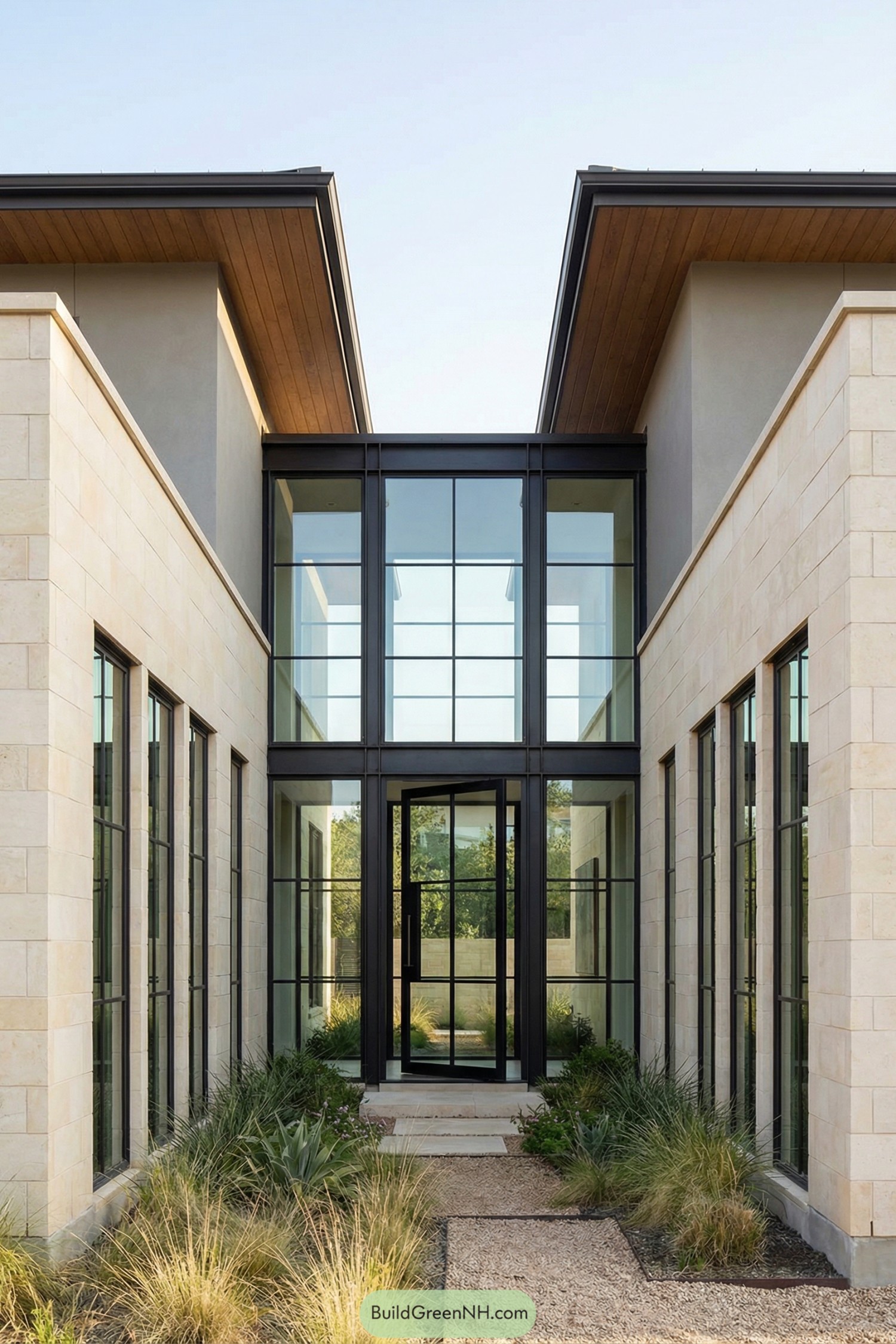Modern courtyard home with central glass entry