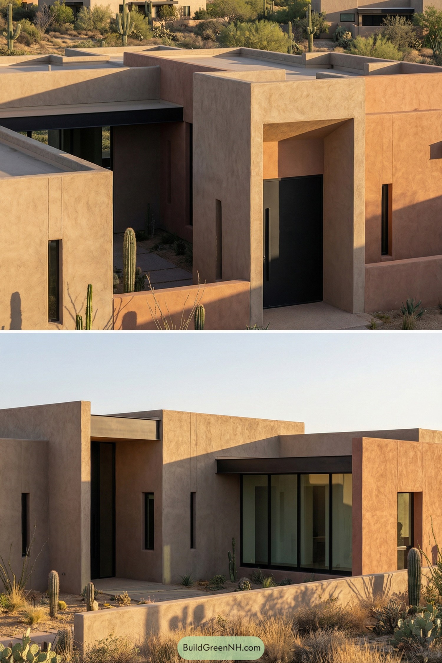 Single story stucco home with clean geometric volumes set in a cactus filled desert landscape