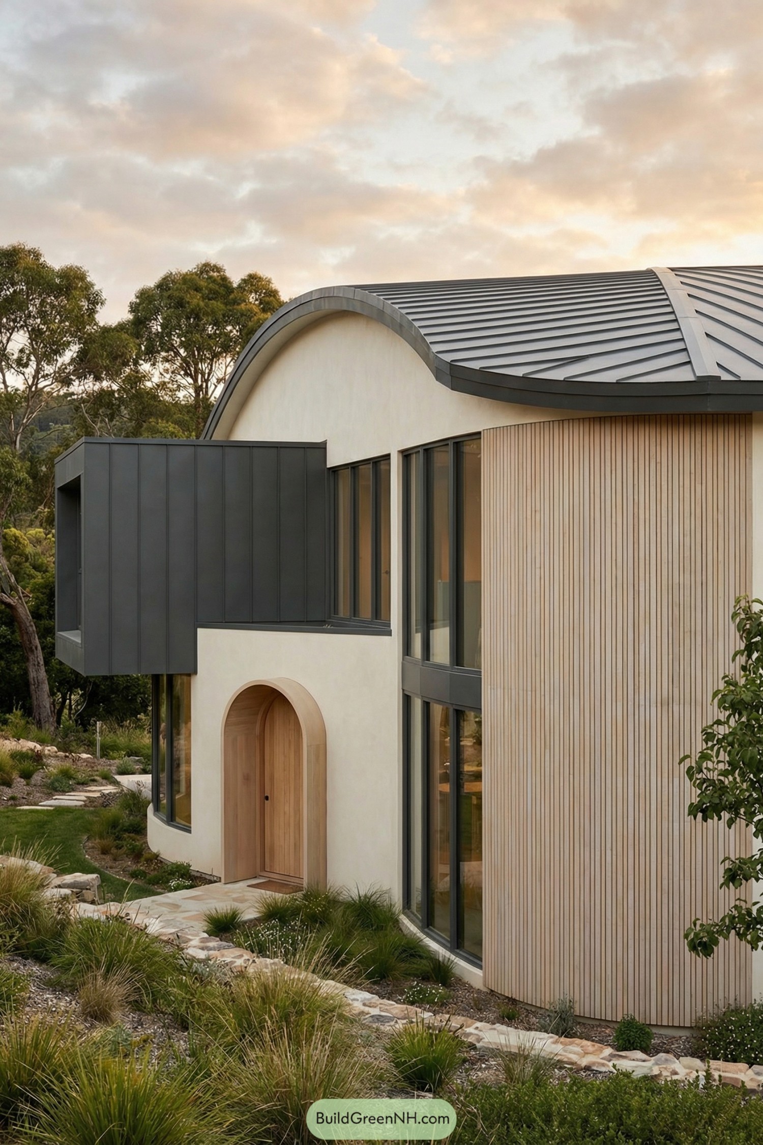 Curved metal roof home with tall windows and timber cladding set in a natural hillside garden