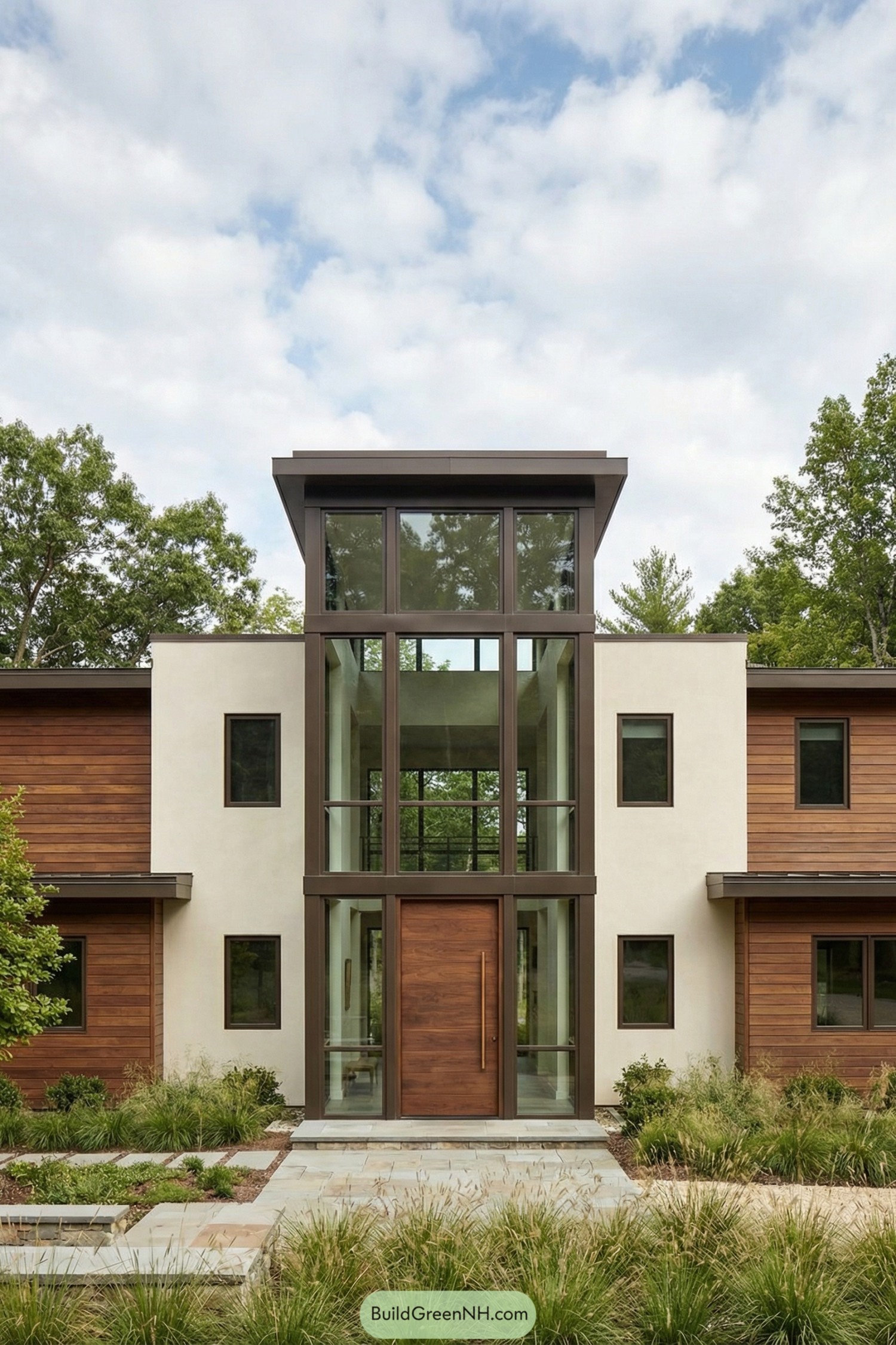 Modern house with tall glass atrium entry and warm wood siding