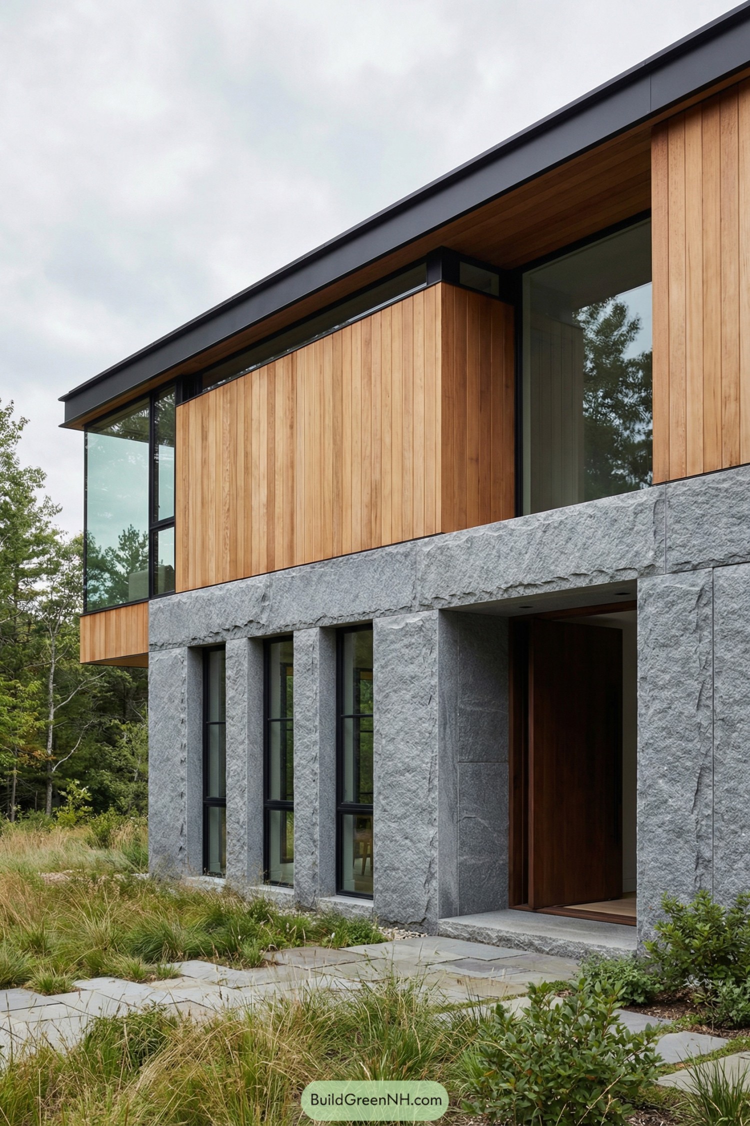 Modern house with rough granite base, warm vertical wood cladding, and expansive glass overlooking a natural meadow