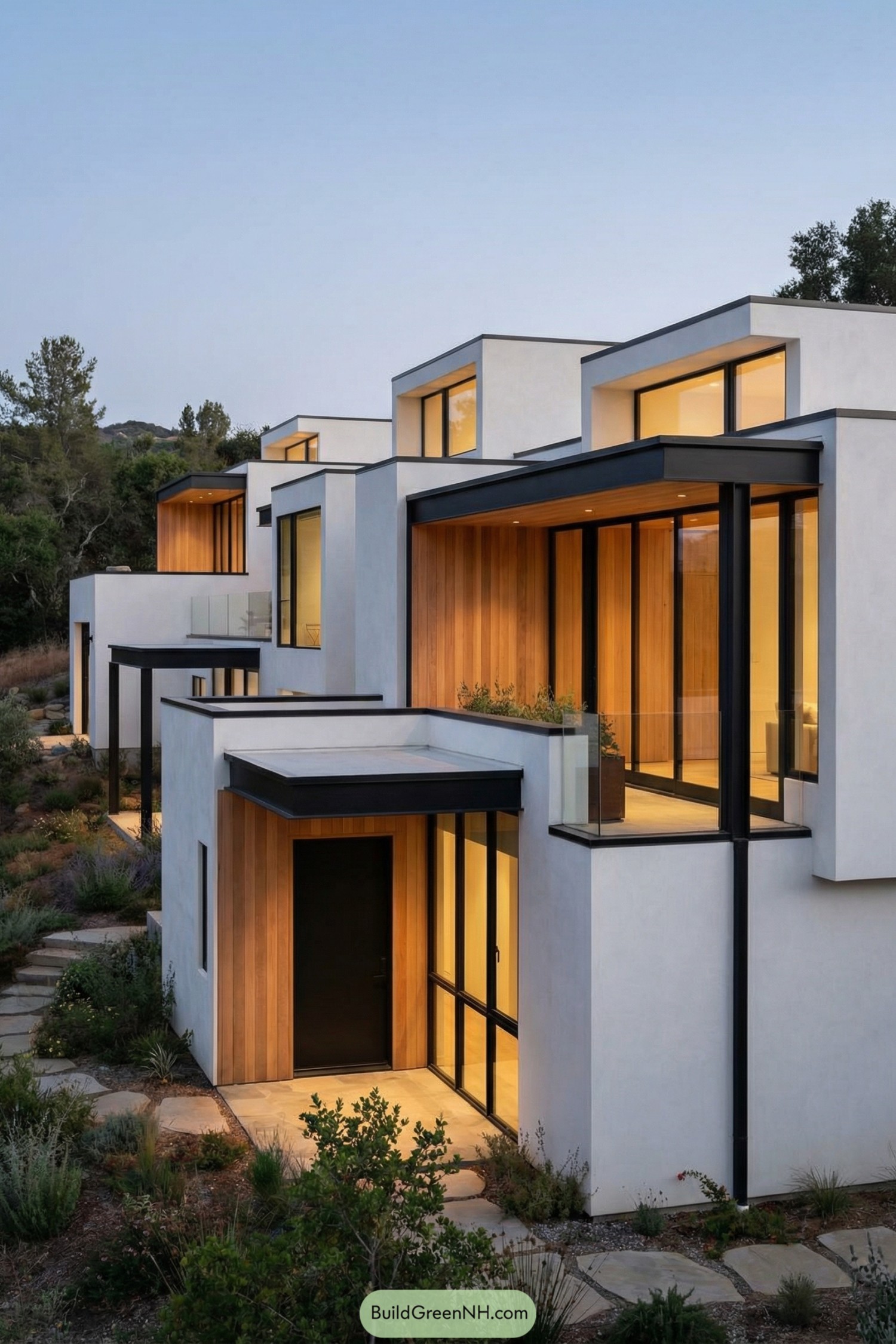 Modern multi-level white and wood house stepping down a landscaped hillside