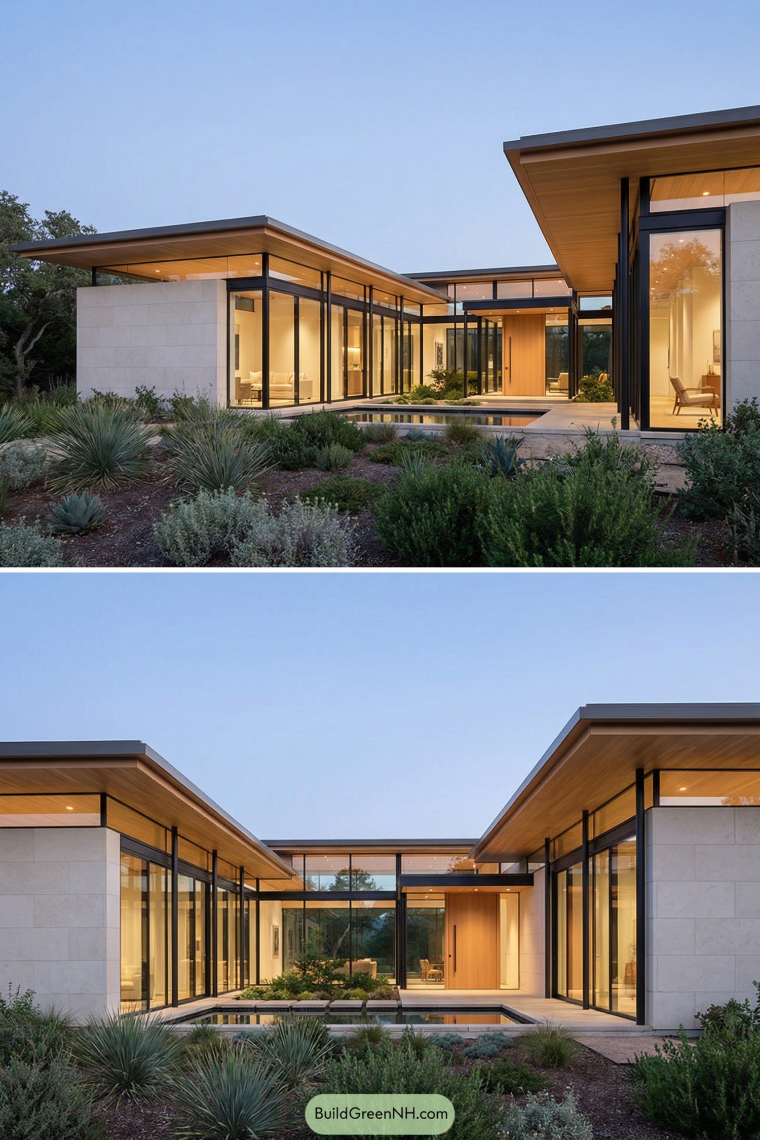 Low modern courtyard home with glass walls