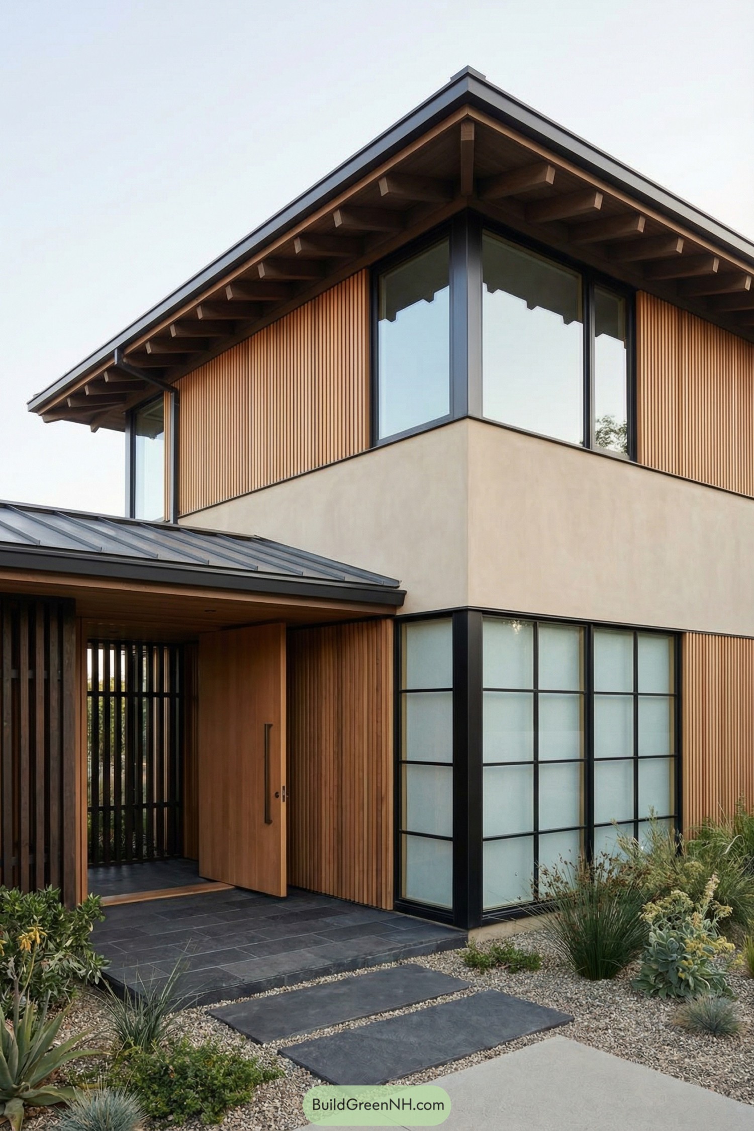 Two story modern home with vertical wood cladding large corner windows frosted glass panels and a minimalist gravel garden