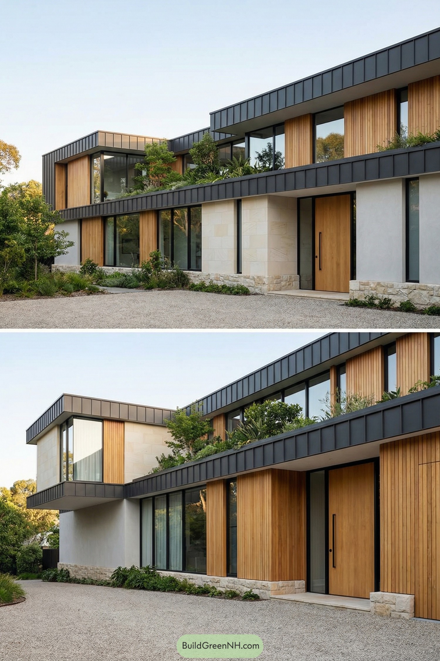 Modern two story home with wood cladding and planted terraces