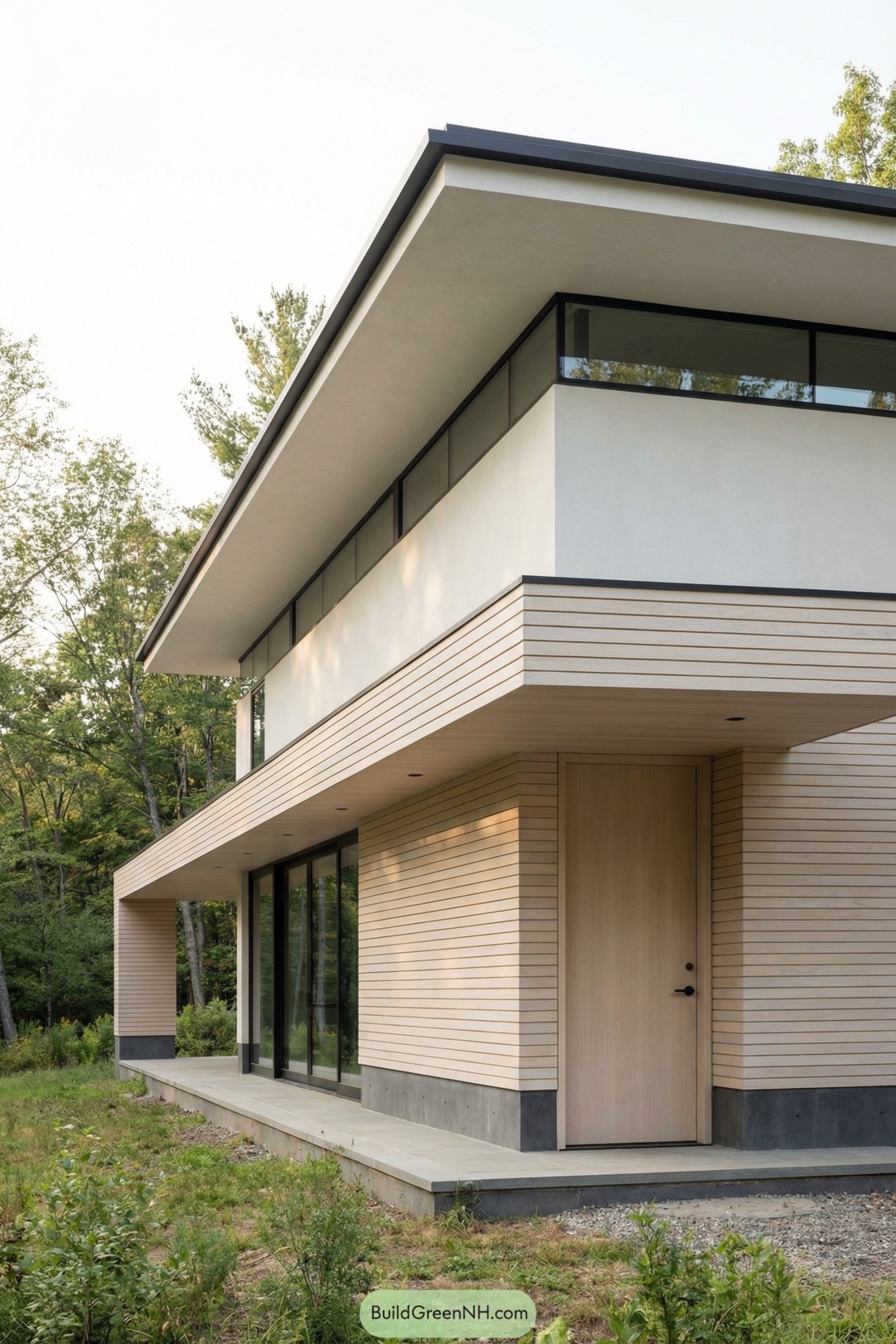 Modern two story house with wide flat roof overhangs and light wood cladding