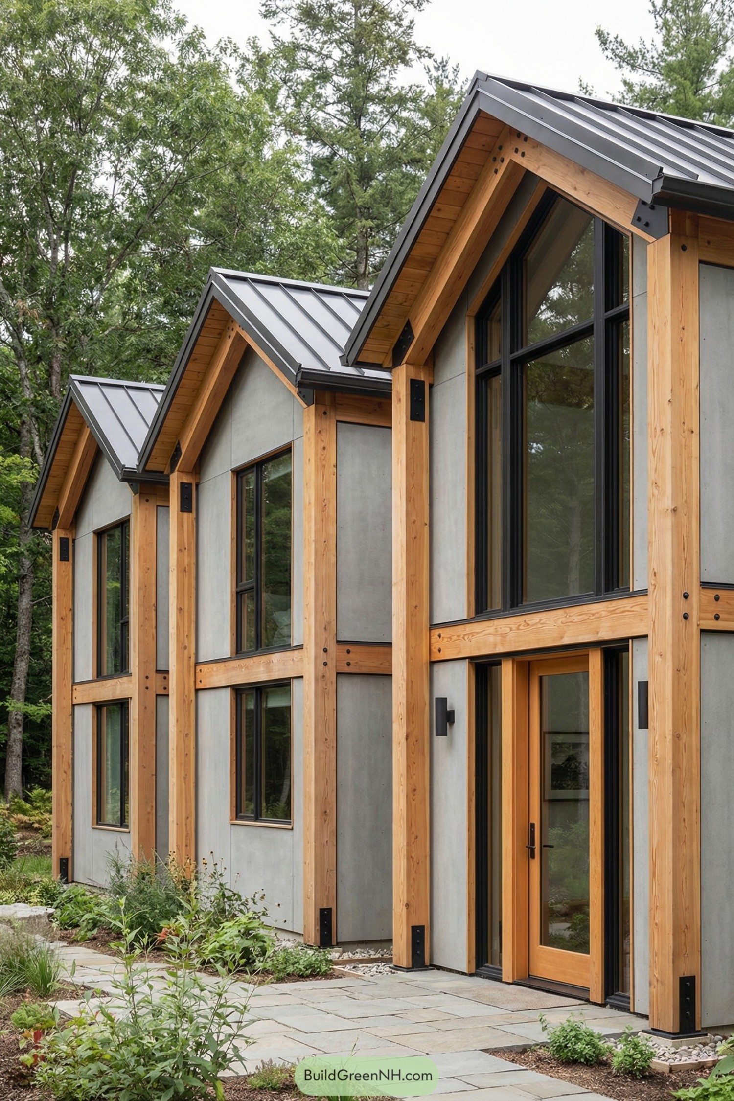 Contemporary timber framed house with tall gabled roofs and large windows among trees