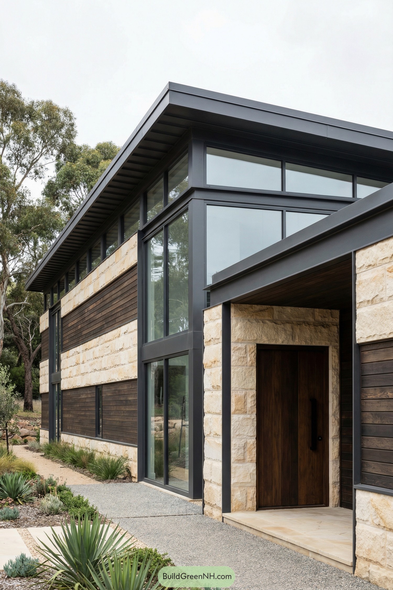 Architecture design of modern organic house with a textured façade featuring alternating bands of stone and wood, arranged in a disciplined modern composition; palette of creamy sandstone, rich brown timber, and graphite metal edges; form as a long linear volume with a perpendicular short wing creating a sheltered front recess; construction materials of split-face sandstone, thermally treated wood cladding, and smooth white stucco infill; roof as a low-pitch shed roof in dark metal, sloping subtly toward the rear with generous overhang; windows include expansive corner glazing and evenly spaced clerestory strips under the roofline; door as a thick timber slab with a recessed black pull set within a stone-lined portal, single photo, high-resolution, architectural photography, strictly no collages.