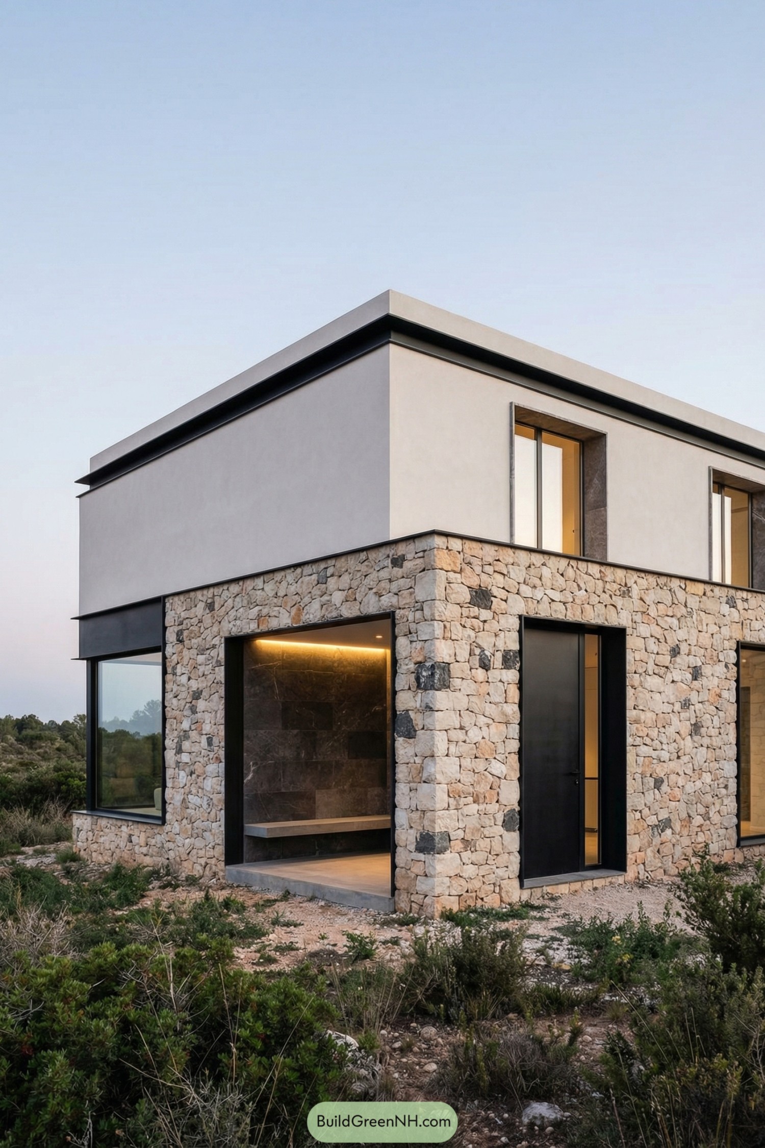 Modern cube house with stone base and smooth upper level in a natural landscape