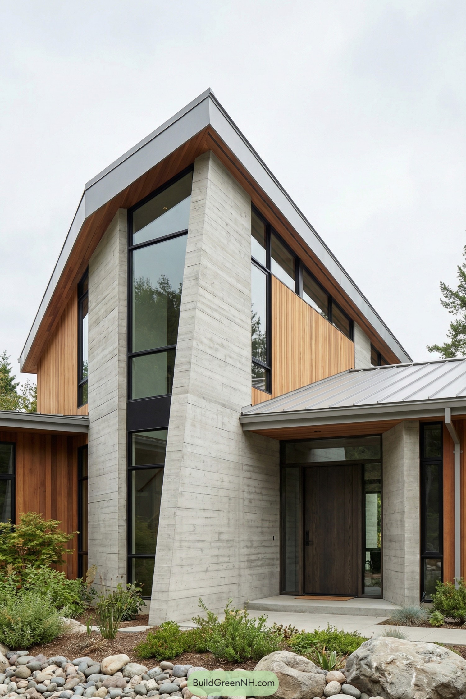 Modern house with angled concrete tower, tall windows, and warm wood siding surrounded by low landscaping
