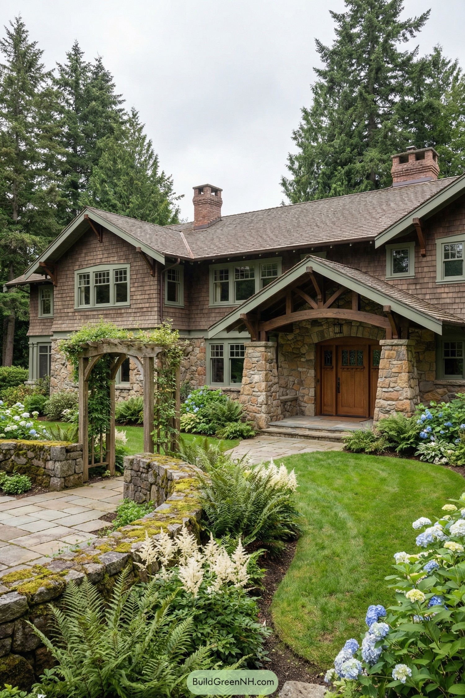 Craftsman style stone and shingle house with lush garden path and arbor