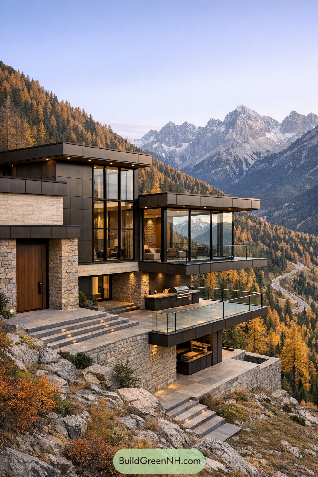 Modern cliffside house with stacked glass-fronted terraces overlooking a forested mountain valley