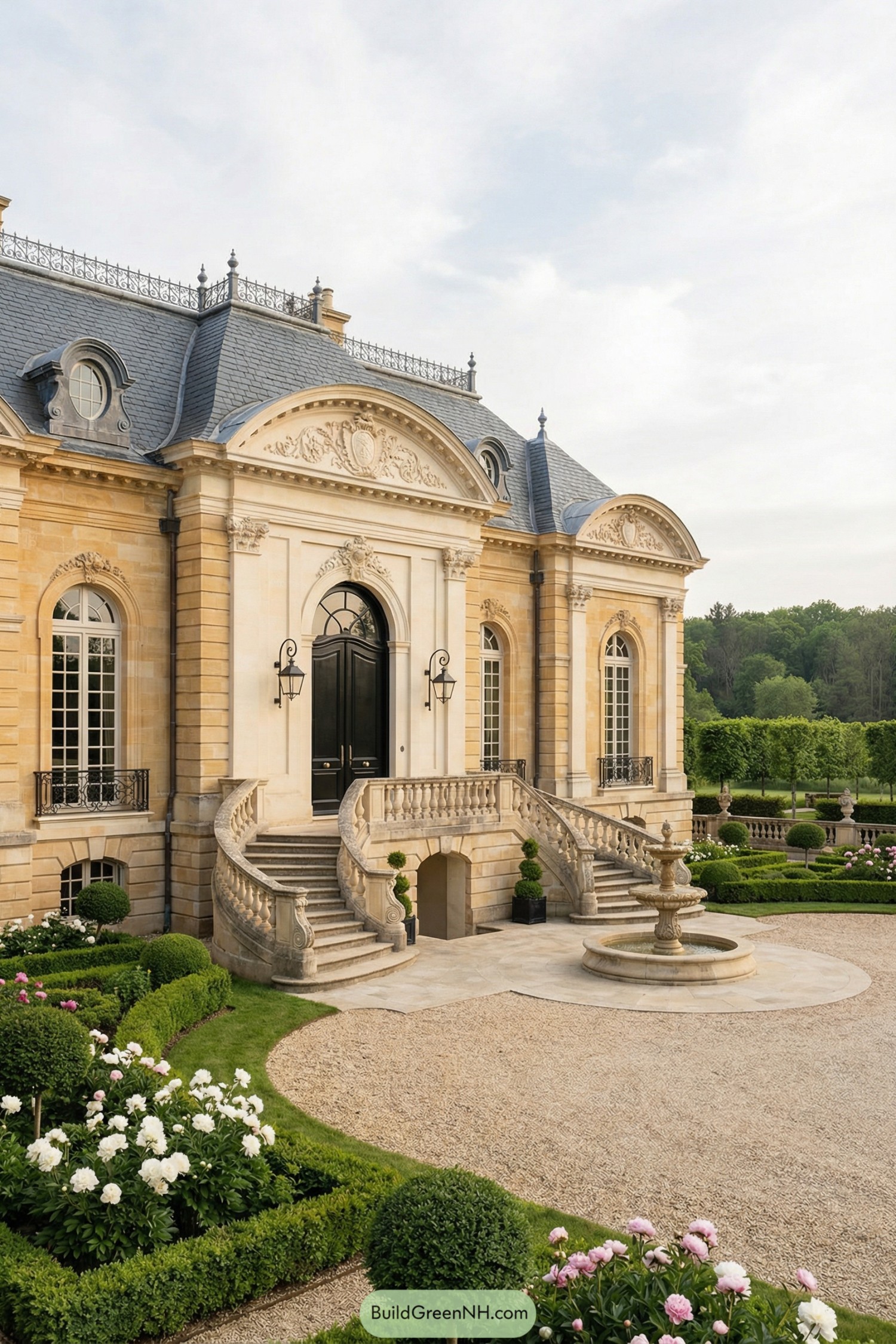 Elegant stone chateau facade with sweeping stairs and formal garden fountain