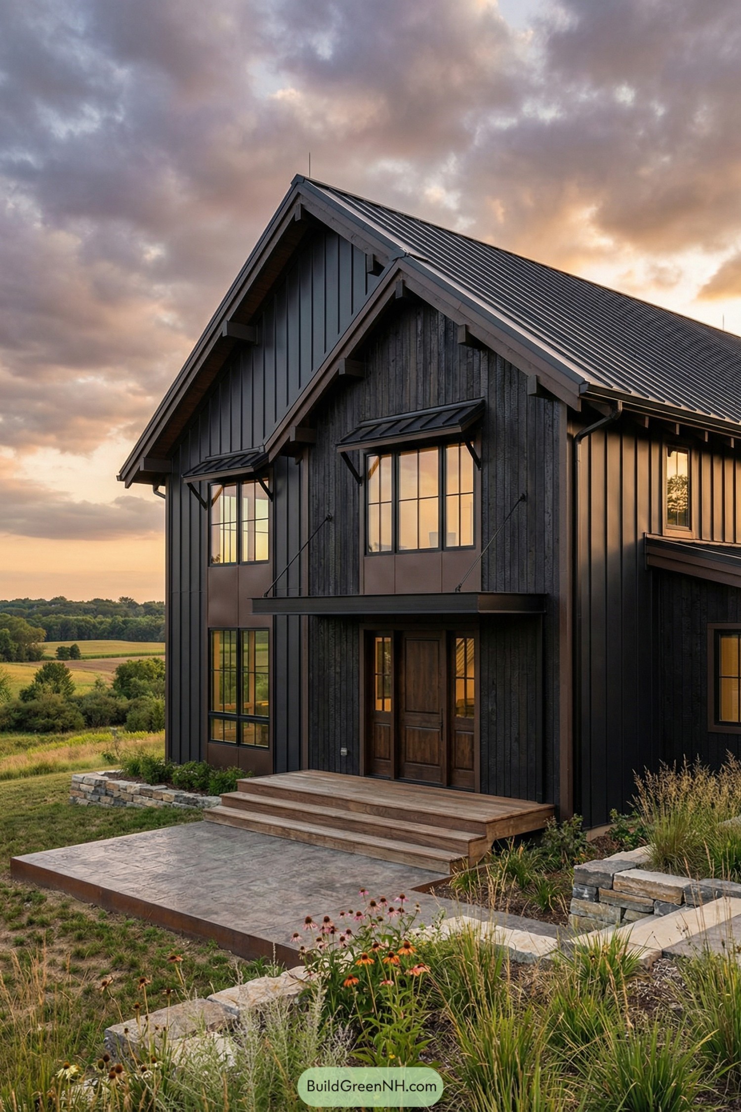 Bold modern-rustic barndominium facade with articulated bays and a strong barn profile, finished in deep charcoal-black with dark bronze metal accents and hints of natural cedar, T-shaped massing with a tall main gable and a perpendicular secondary wing, materials combining black standing-seam metal cladding with sections of charred shou sugi ban wood, roof in black metal with exposed rafter tails painted dark and a central ridge cap detail, oversized black-framed windows with a mix of fixed glass and narrow awning units, a double entry door in dark stained wood beneath a shallow canopy of black steel, a wide timber stair and landing transitioning to a stamped concrete patio edged in steel, landscaping featuring native grasses, coneflowers, and layered stone retaining walls, perched on a gentle hillside overlooking a patchwork of fields and distant tree lines, set in late afternoon light with dramatic cloud texture and warm highlights on wood grain, single real-life photo, high-resolution, architectural photography, soft lighting, cinematic composition, strictly no collages.