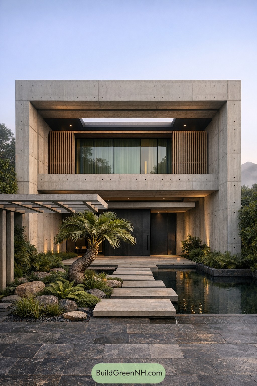 Concrete tropical house with framed facade, palm tree, and reflecting pool