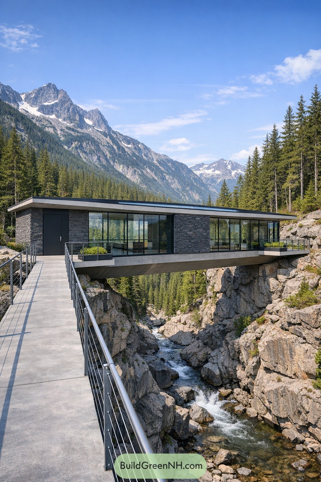 Modern bridge house spanning rocky mountain gorge with glass walls and stone cladding amidst pine forest and distant peaks