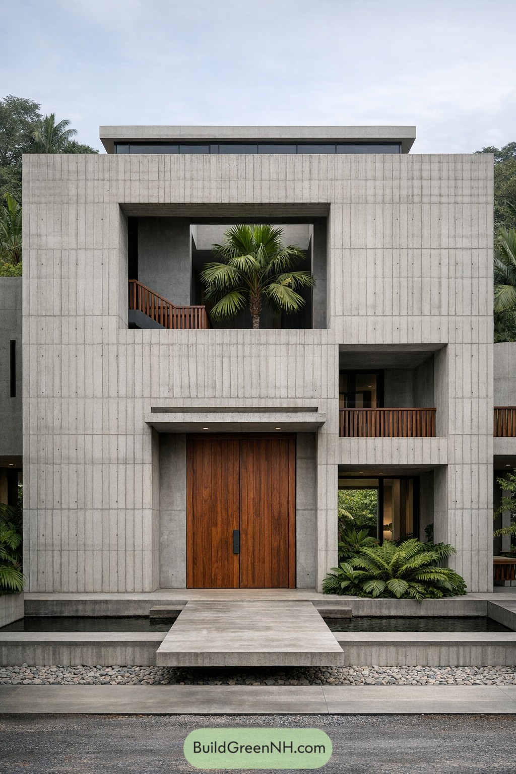 Minimalist concrete house facade with central wooden entry door flanked by water features and lush tropical plants