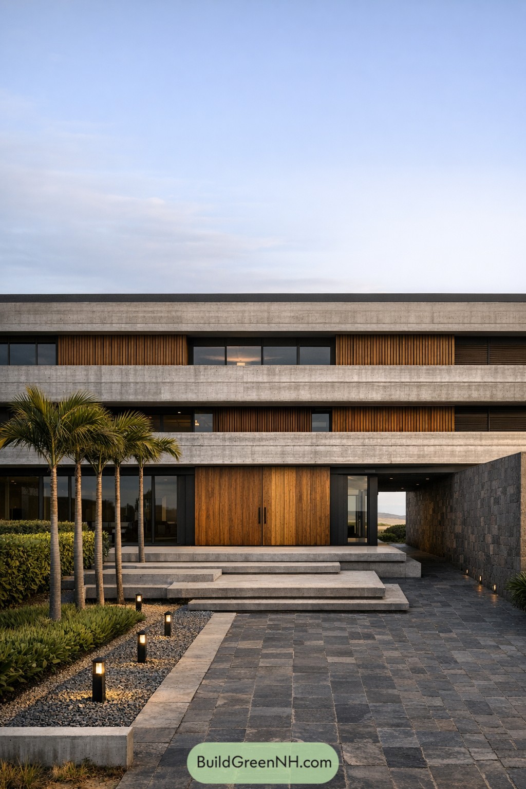 Modern brutalist tropical house with layered concrete bands and warm wood accents framed by palms