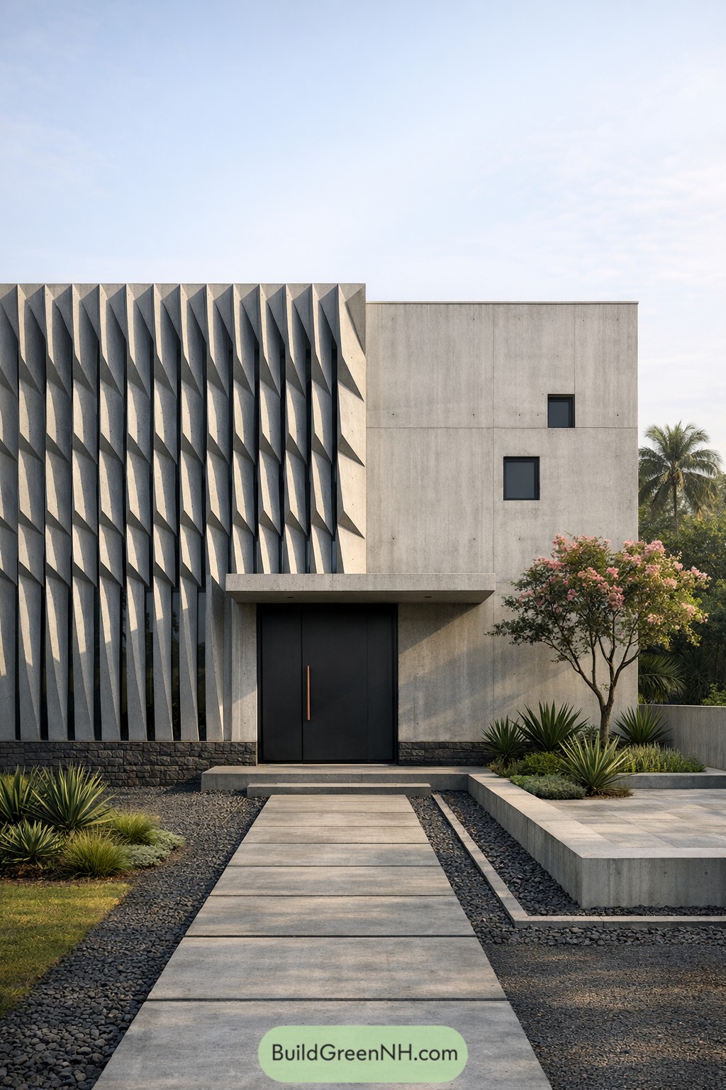 Minimalist concrete house with sculpted facade fins and a central black entry door framed by lush planting