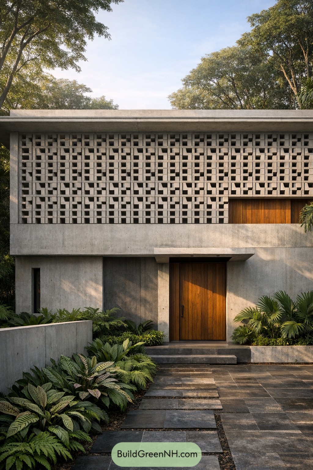 Two story concrete house with patterned breeze block facade, warm wood doors, and lush tropical planting