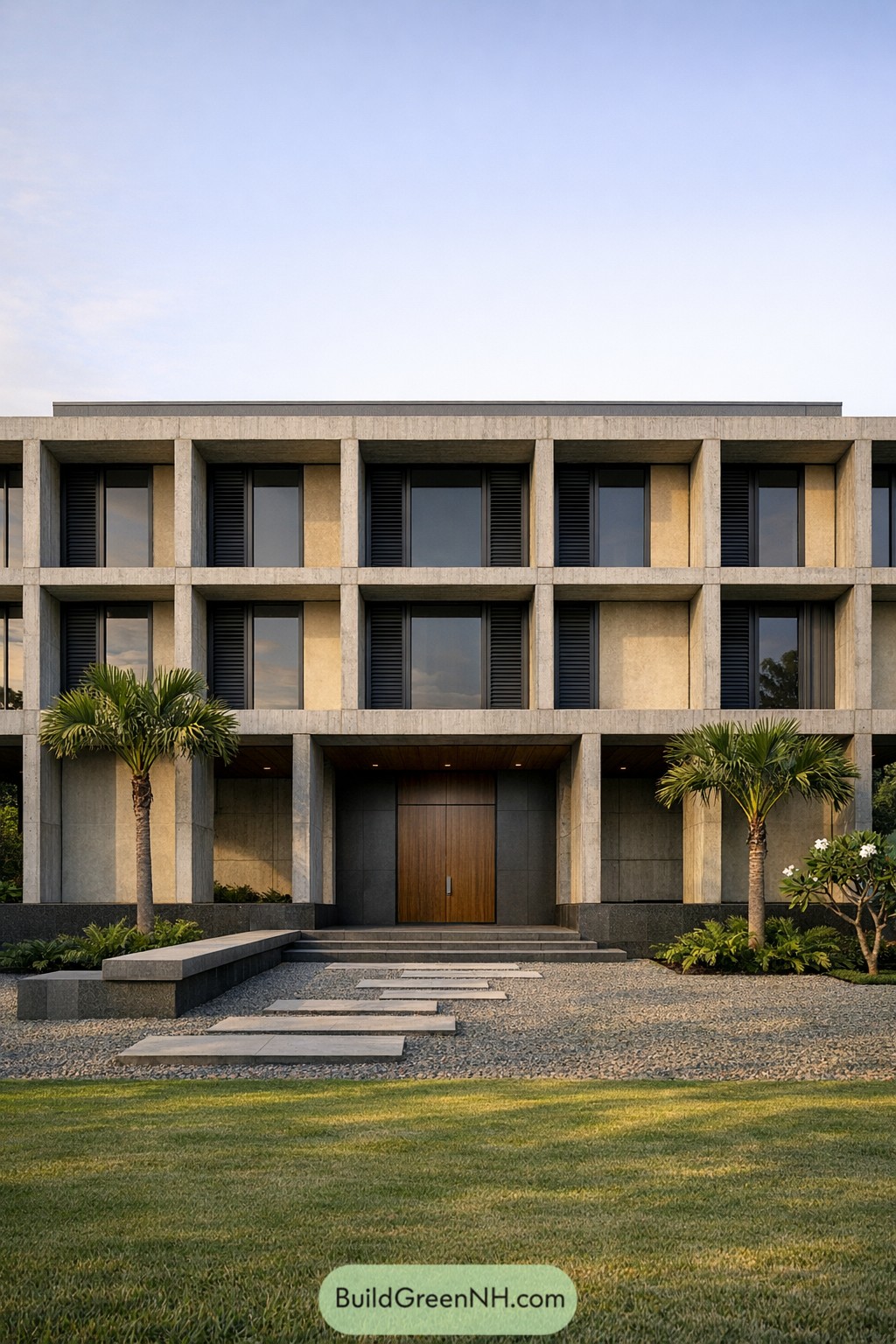 Modern tropical concrete house with deep framed windows palm trees and a stone path entry