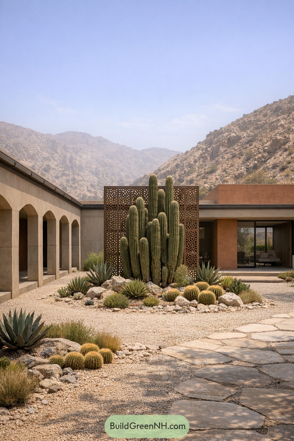 Modern desert courtyard with tall cactus garden