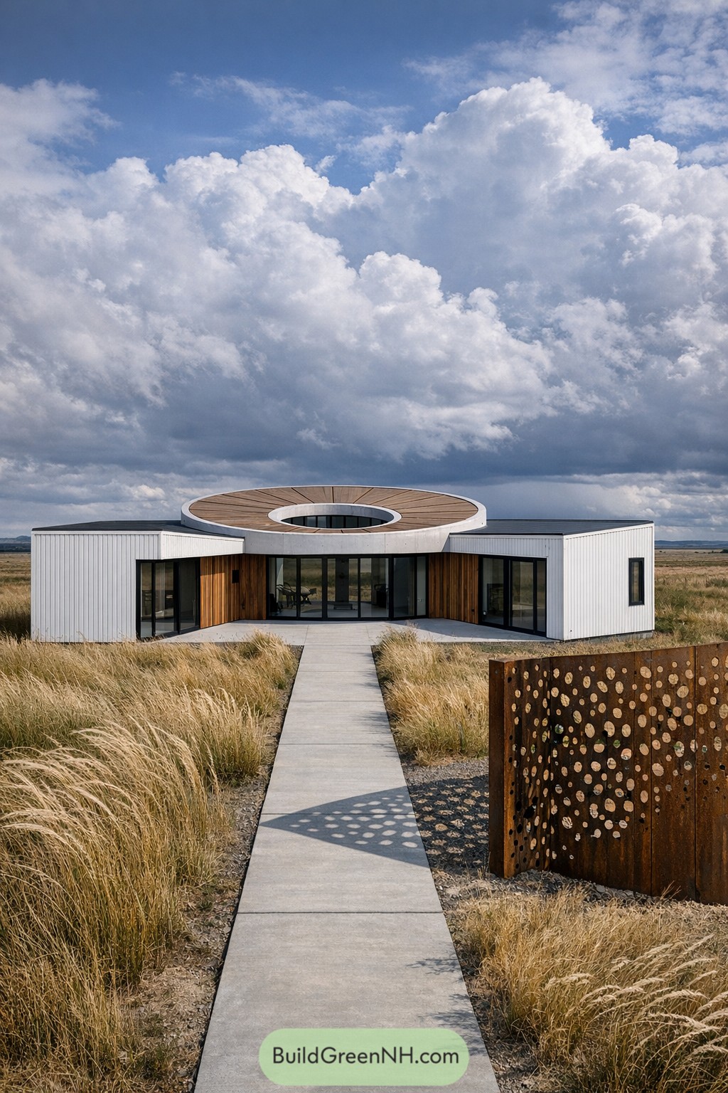 Modern pinwheel container home with circular roof opening and central glass atrium in an open grassland setting