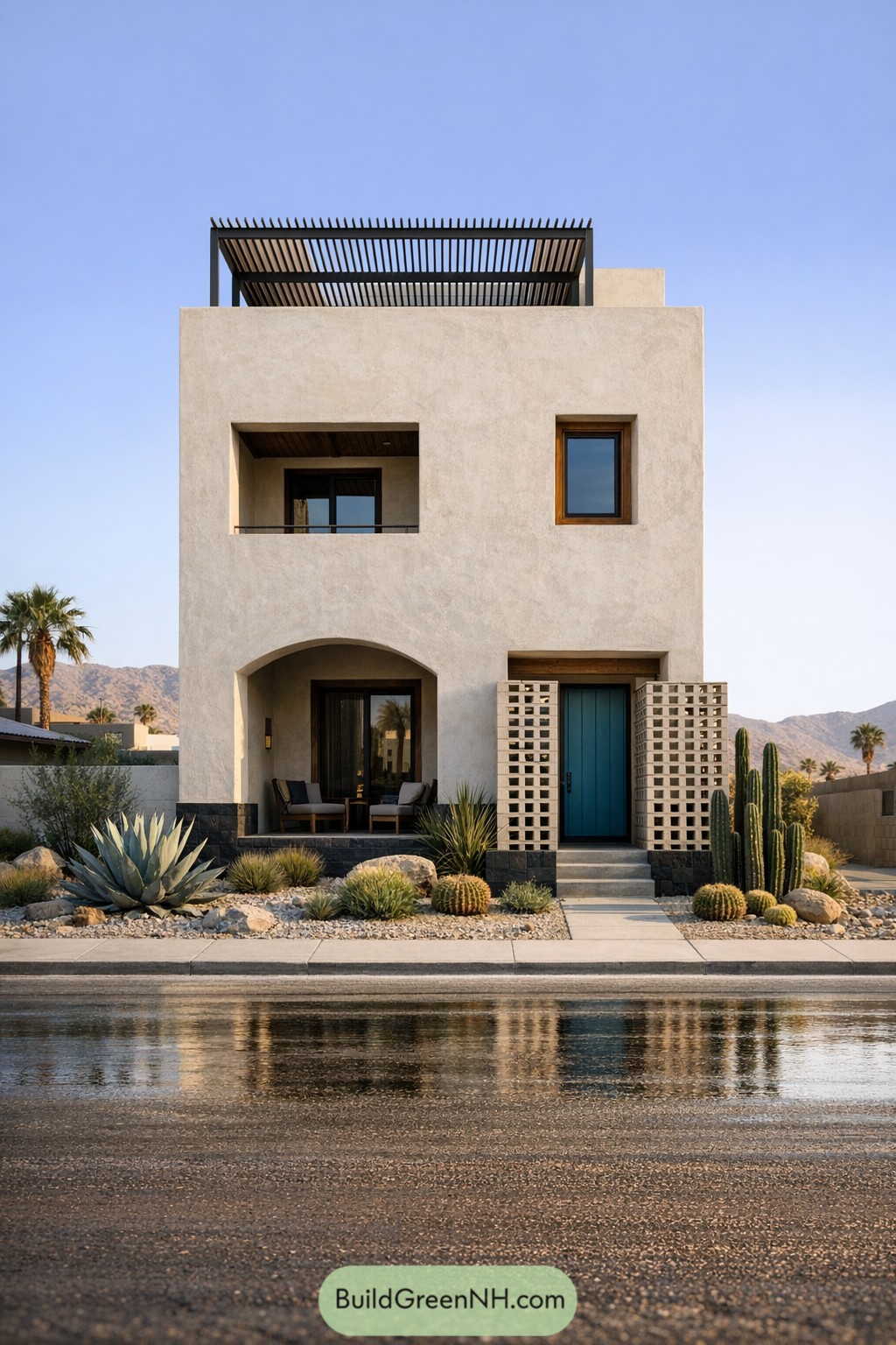 Modern desert narrow lot home with stucco facade and cactus garden