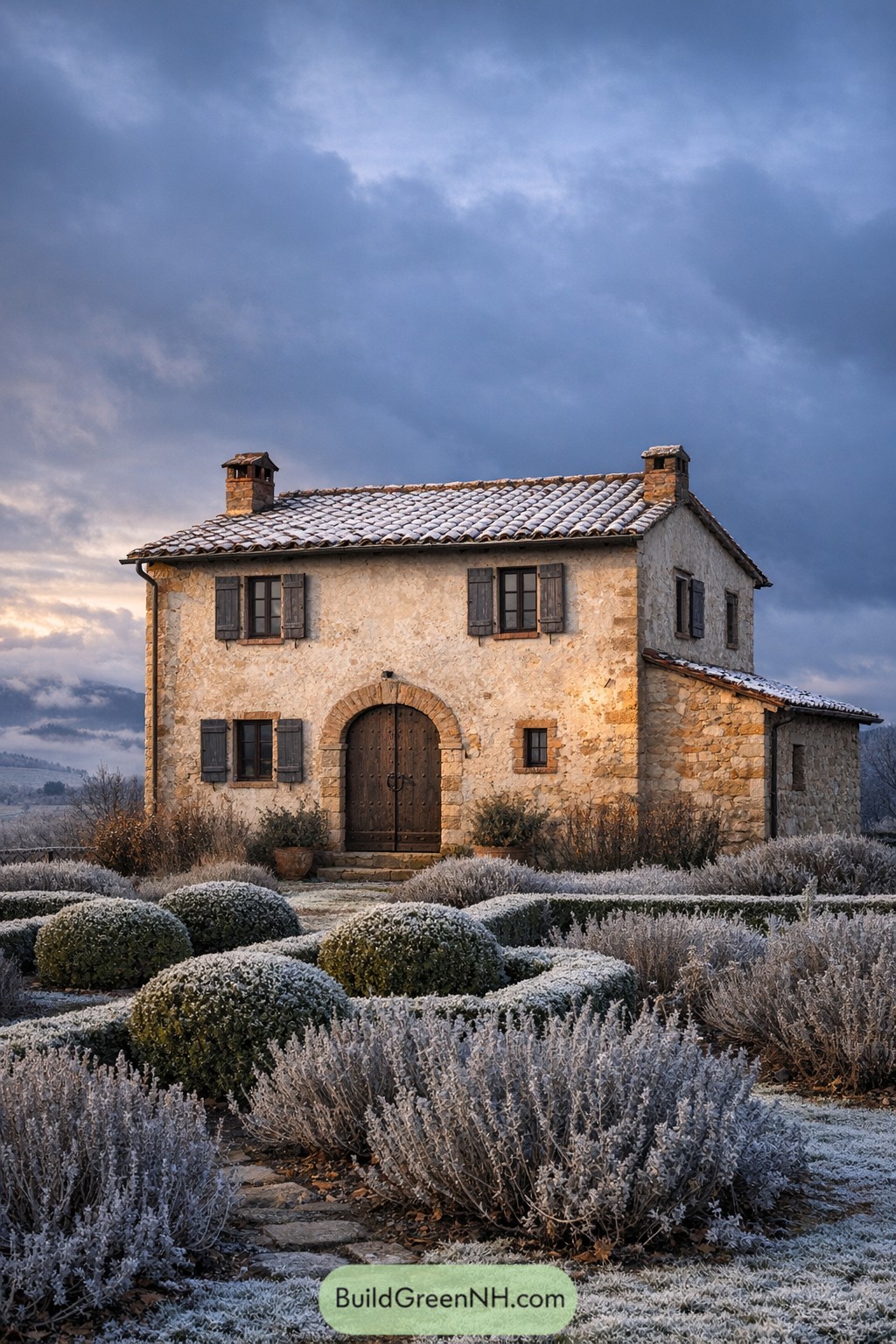 Snow dusted stone farmhouse with arched wooden door and manicured winter garden