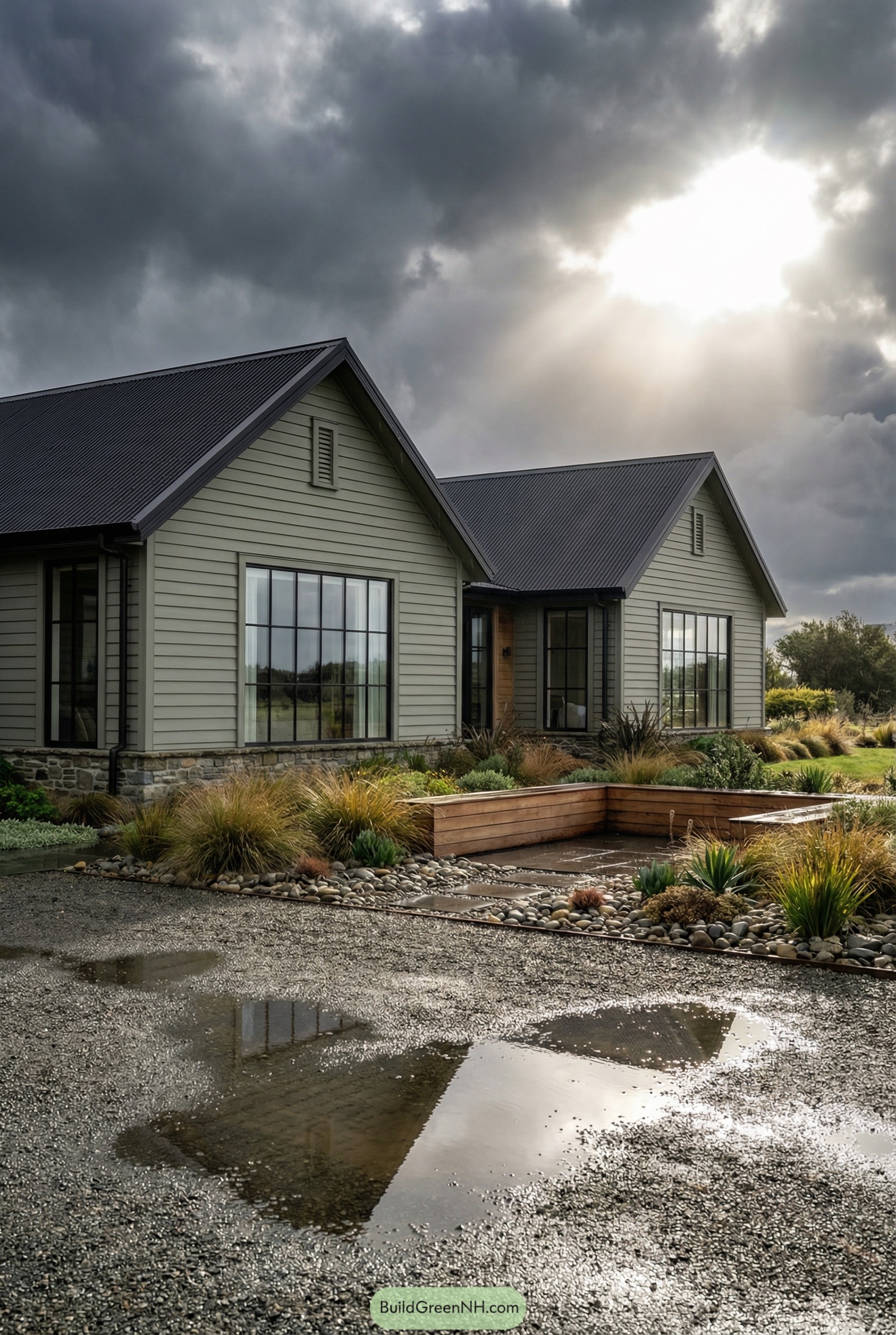 Modern country house with twin gables, metal roof, and gravel courtyard after rain