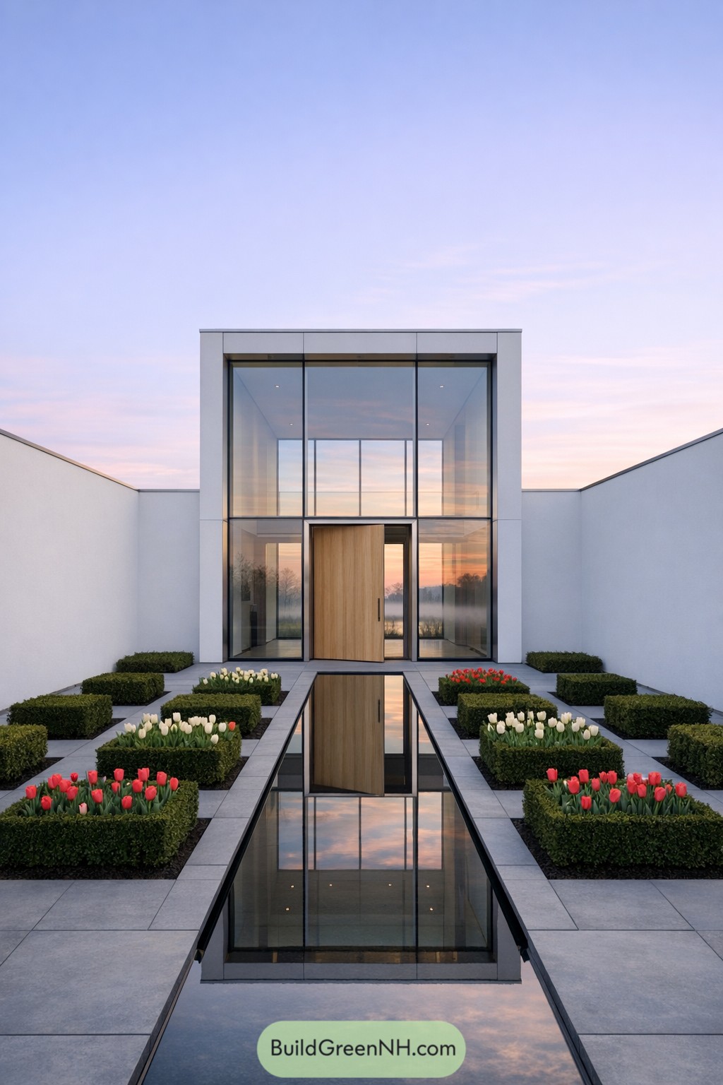 Modern courtyard with tulip beds and reflecting pool