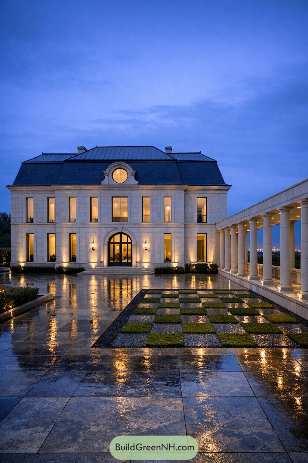 Modern French chateau with glowing stone courtyard at dusk