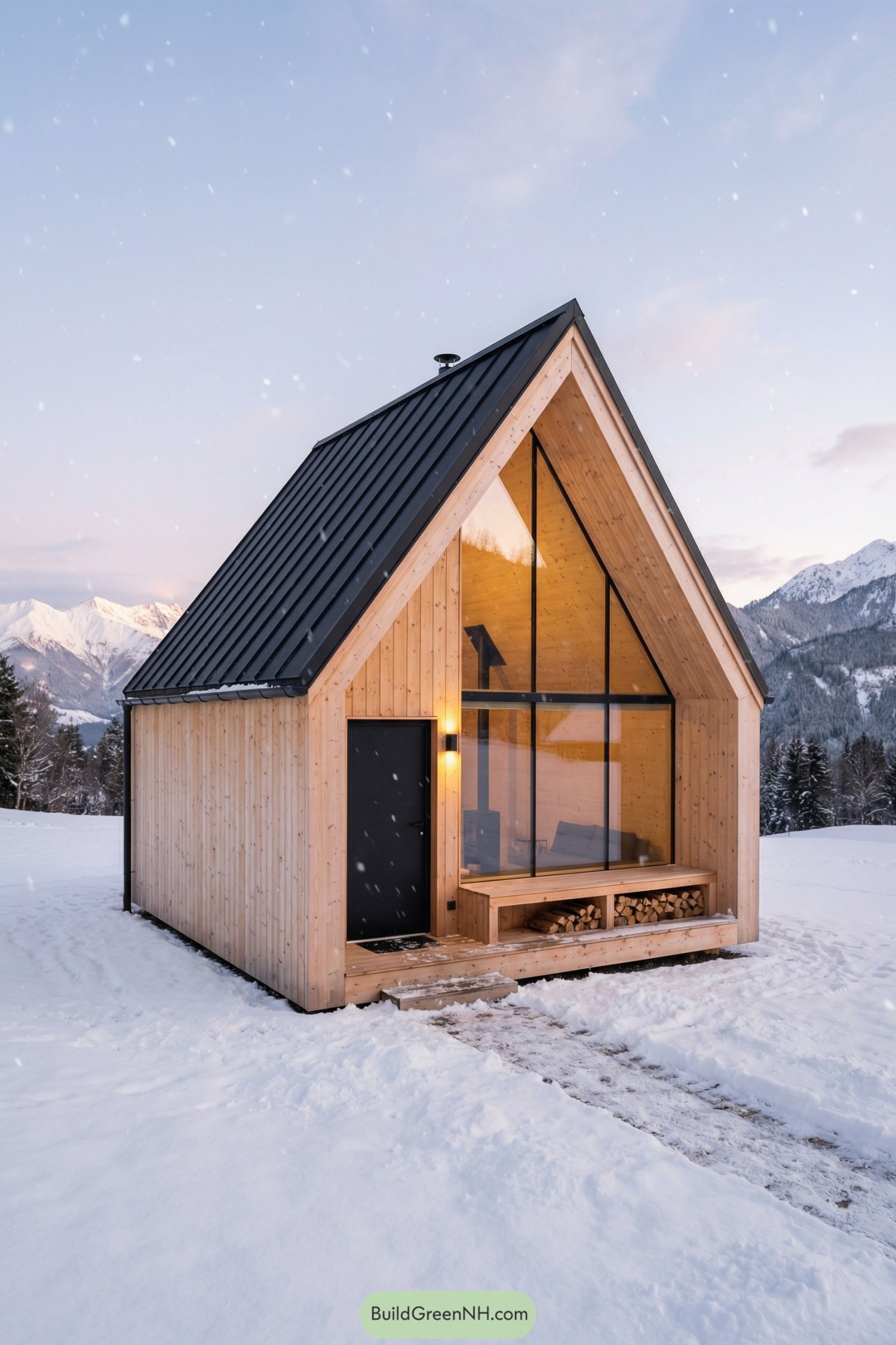 Compact wooden cabin with tall glass front in snowy mountains